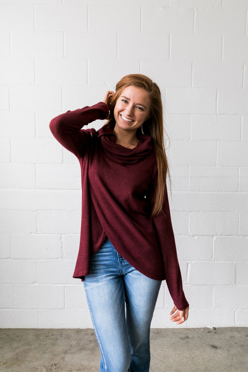 Cute As A Button Cowl Neck Sweater In Burgundy