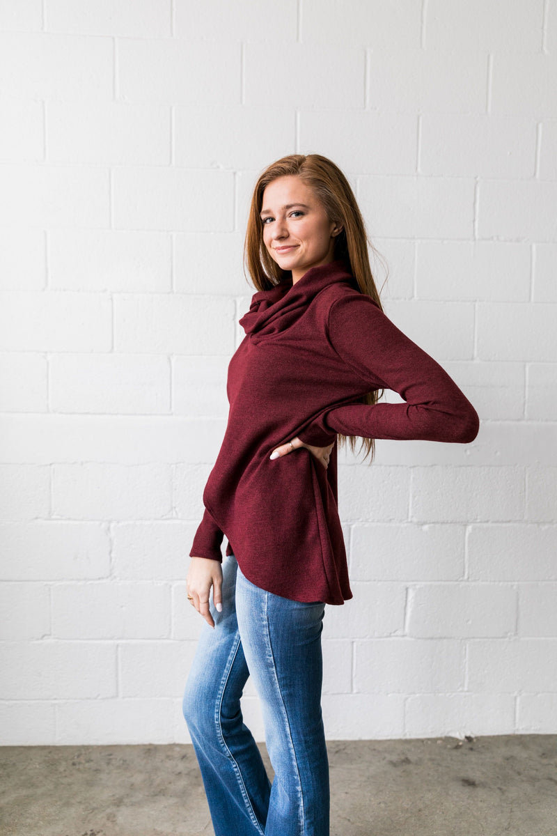 Cute As A Button Cowl Neck Sweater In Burgundy