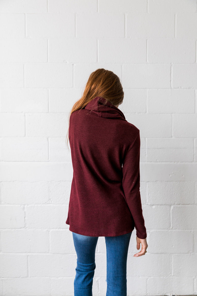 Cute As A Button Cowl Neck Sweater In Burgundy