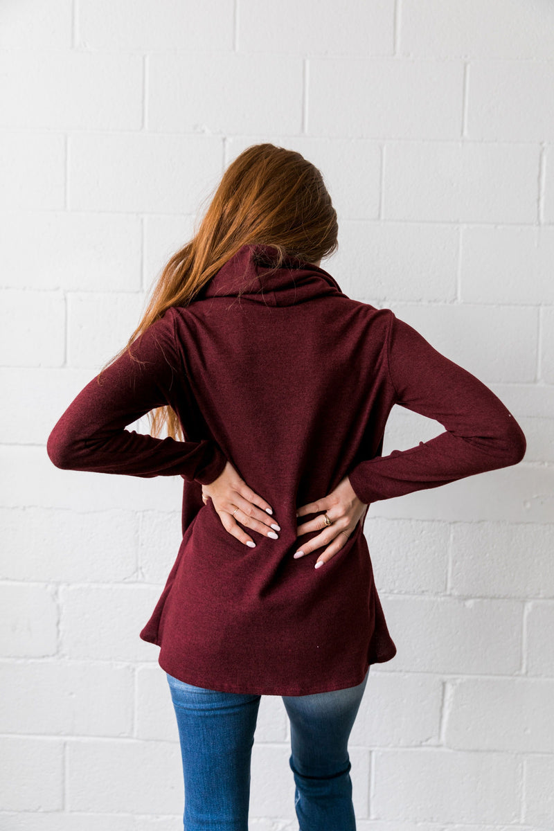 Cute As A Button Cowl Neck Sweater In Burgundy