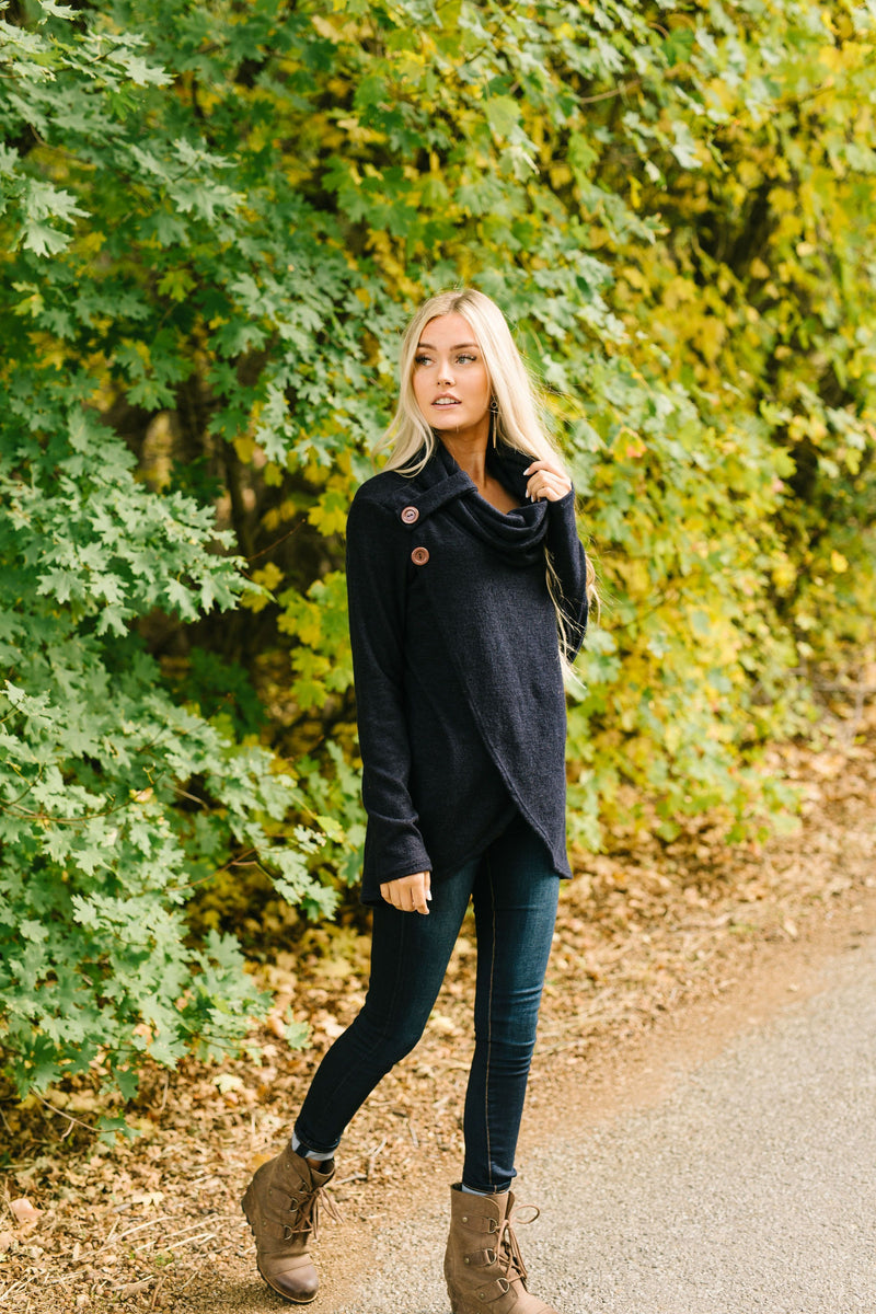 Cute As A Button Cowl Neck Sweater In Navy