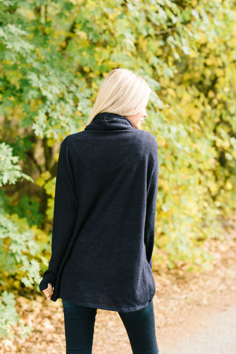 Cute As A Button Cowl Neck Sweater In Navy