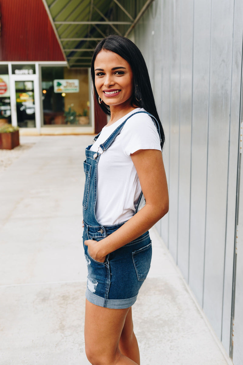 Daisy Denim Distressed Shortalls In Dark Wash