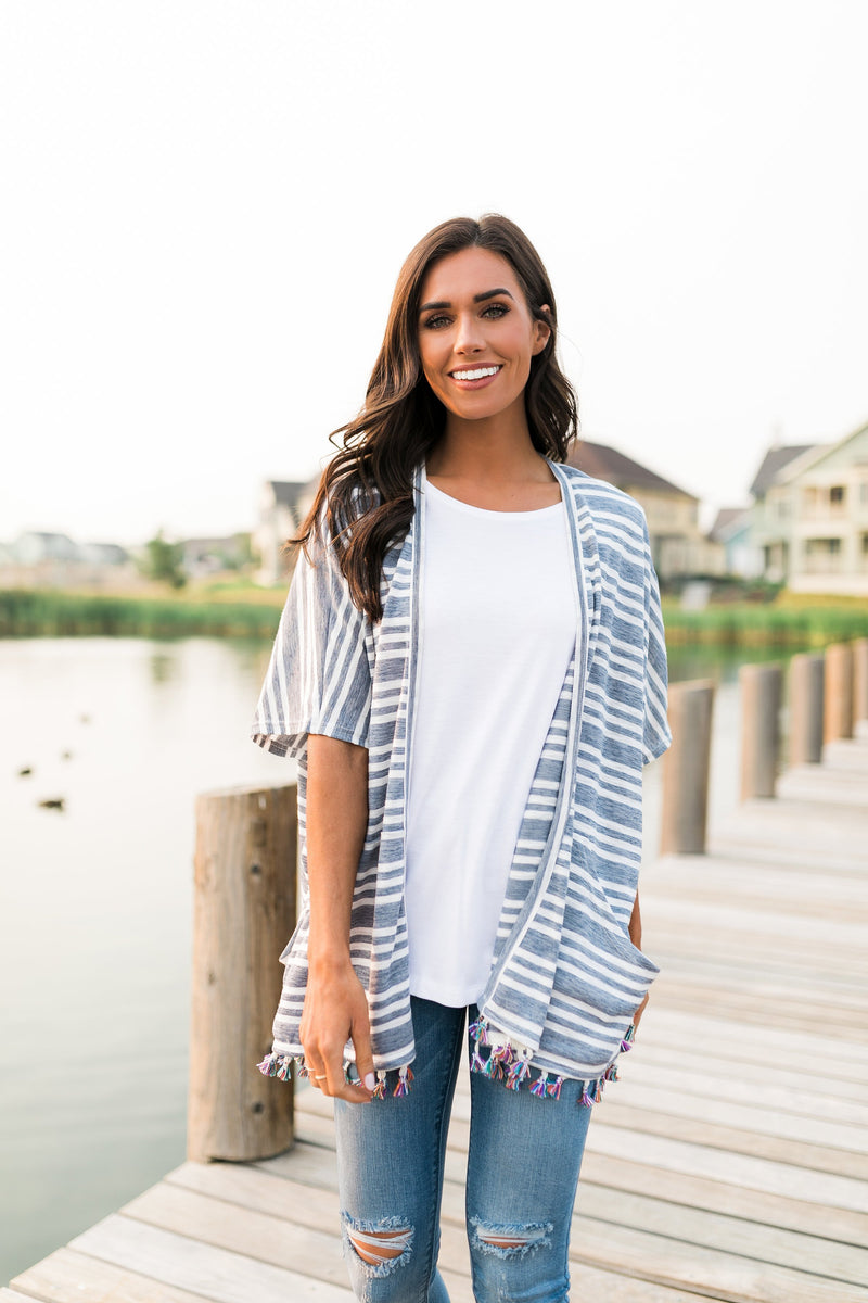 Denim Striped Kimono + Fringe