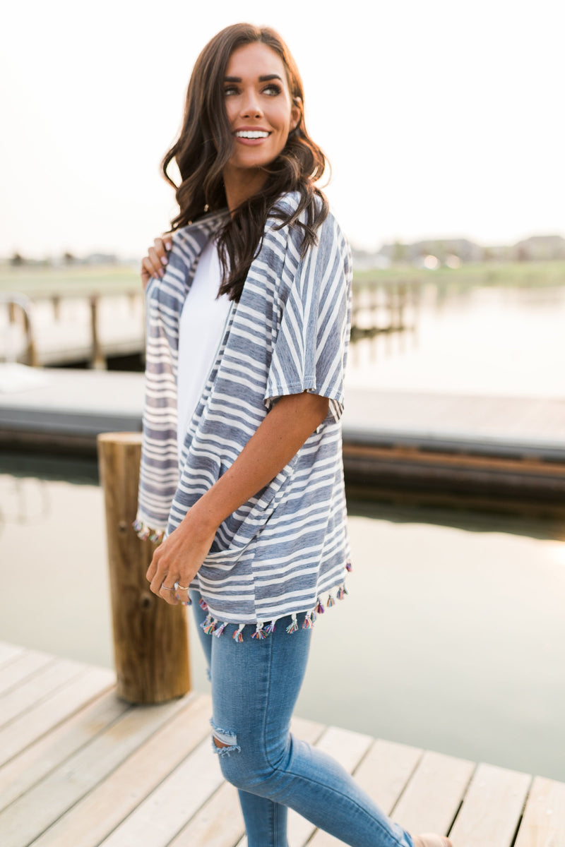 Denim Striped Kimono + Fringe