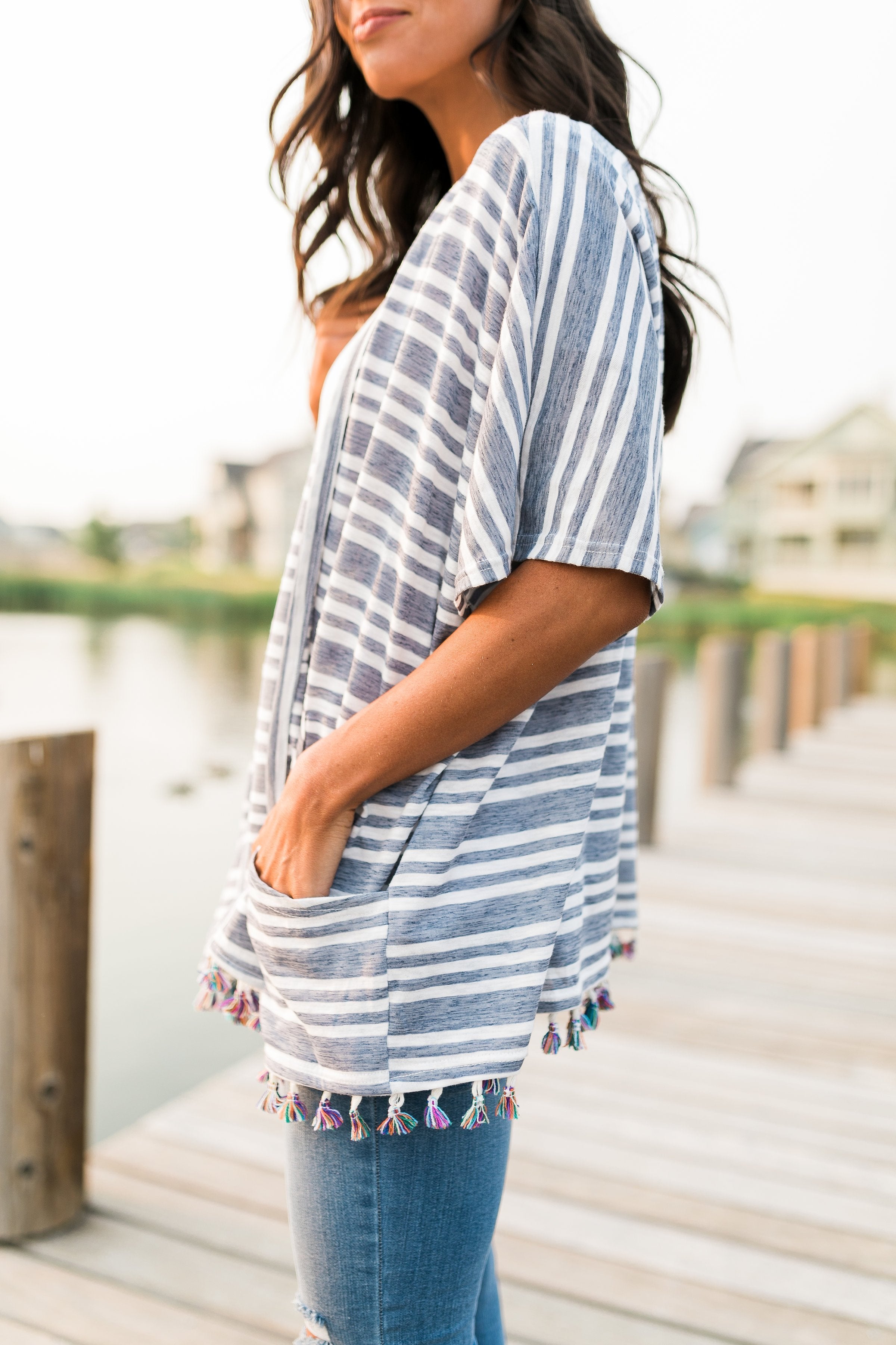 Denim Striped Kimono + Fringe