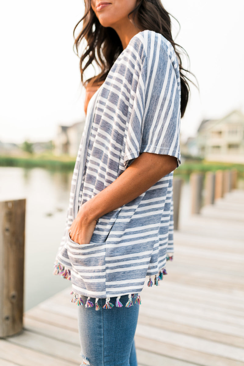 Denim Striped Kimono + Fringe