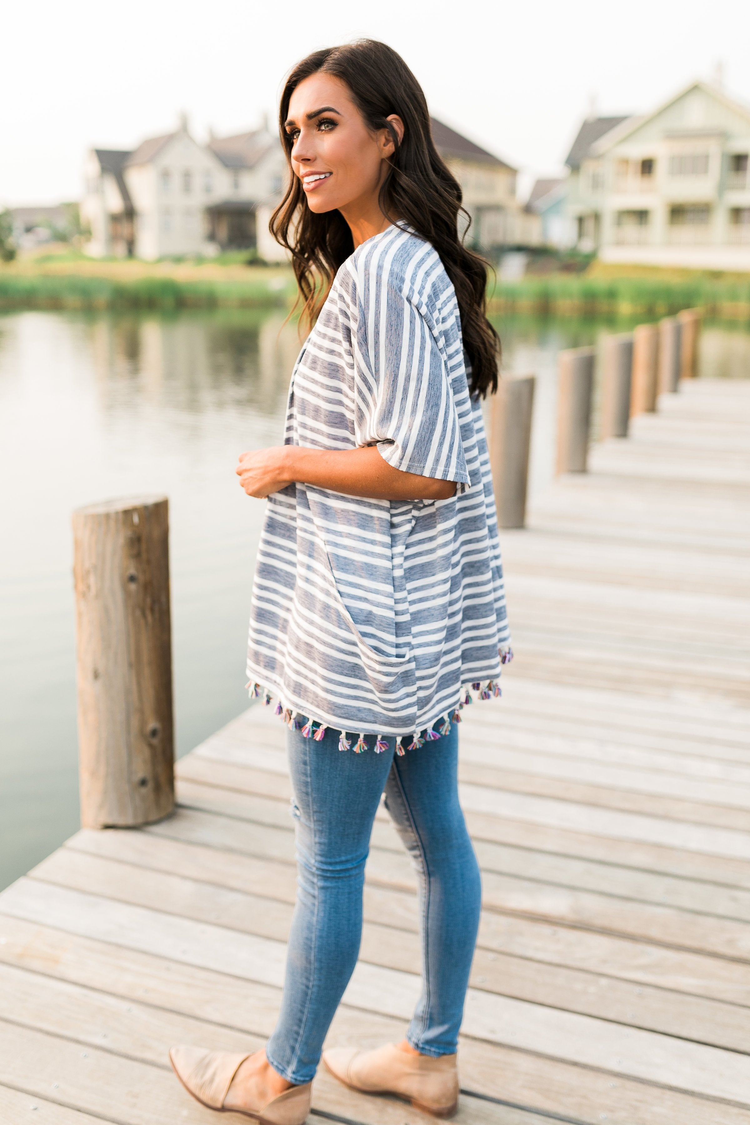 Denim Striped Kimono + Fringe
