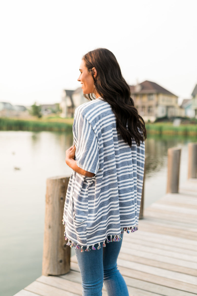 Denim Striped Kimono + Fringe
