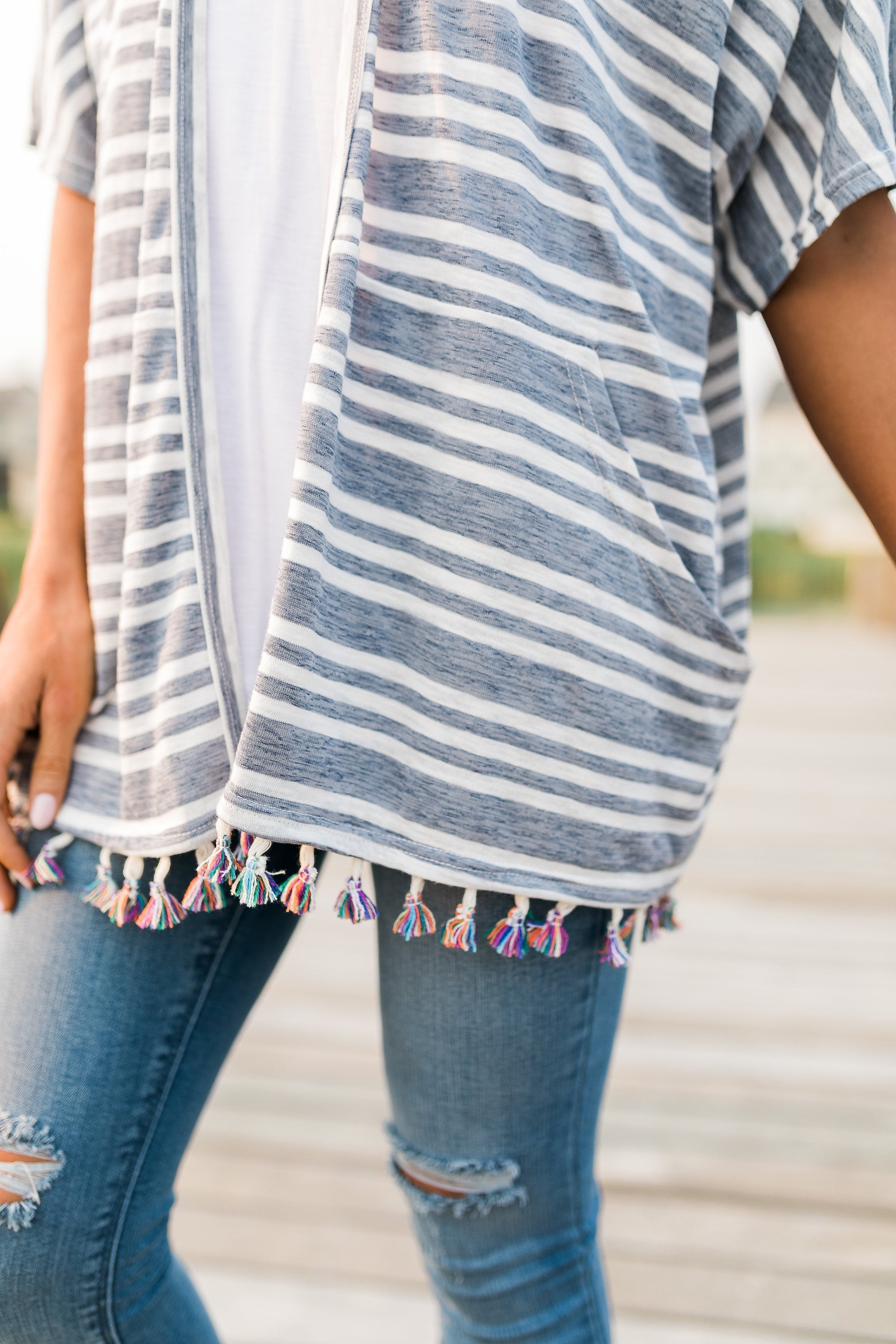 Denim Striped Kimono + Fringe