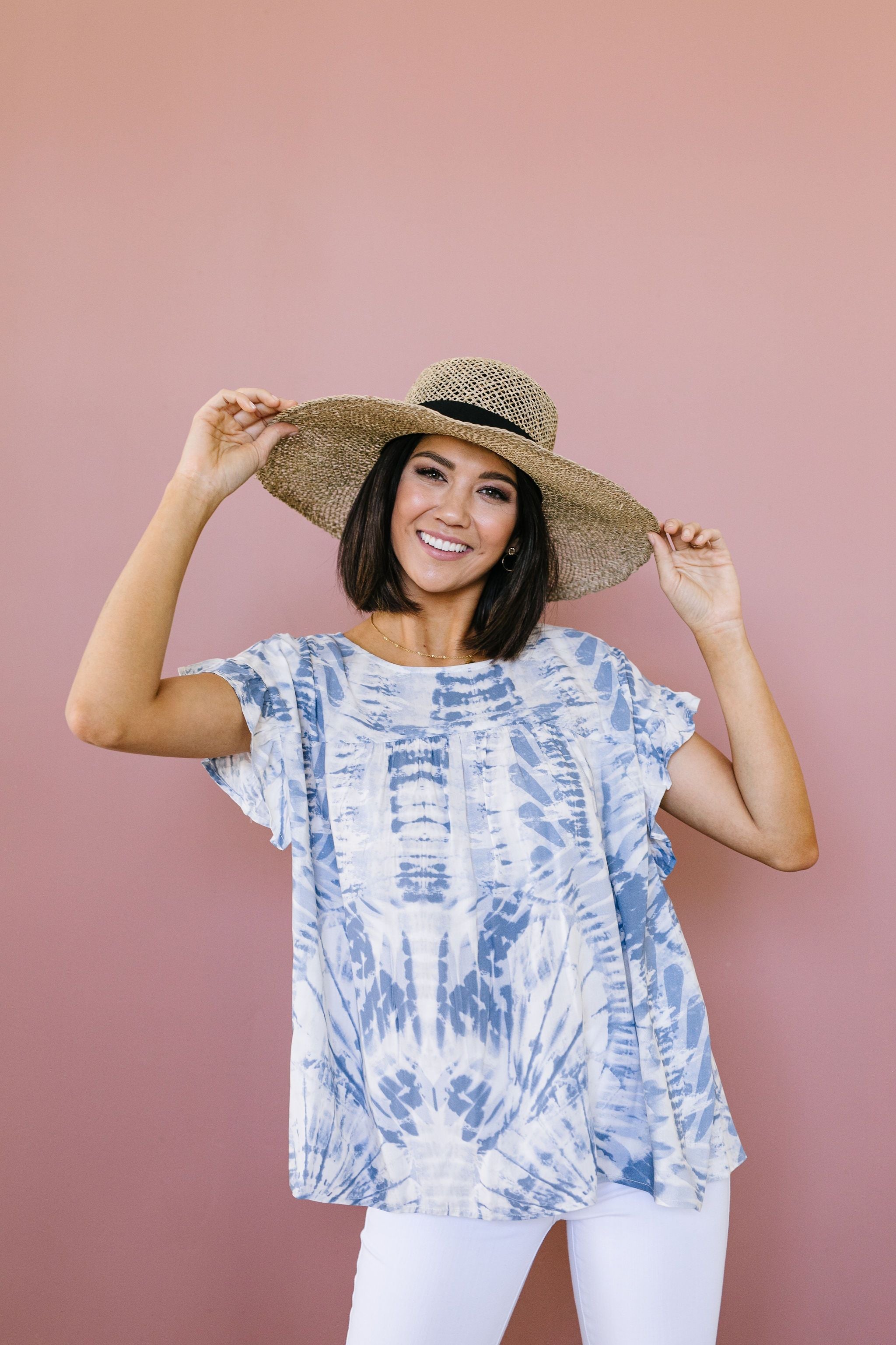 Denim Tie Dye Ruffle Sleeve Blouse