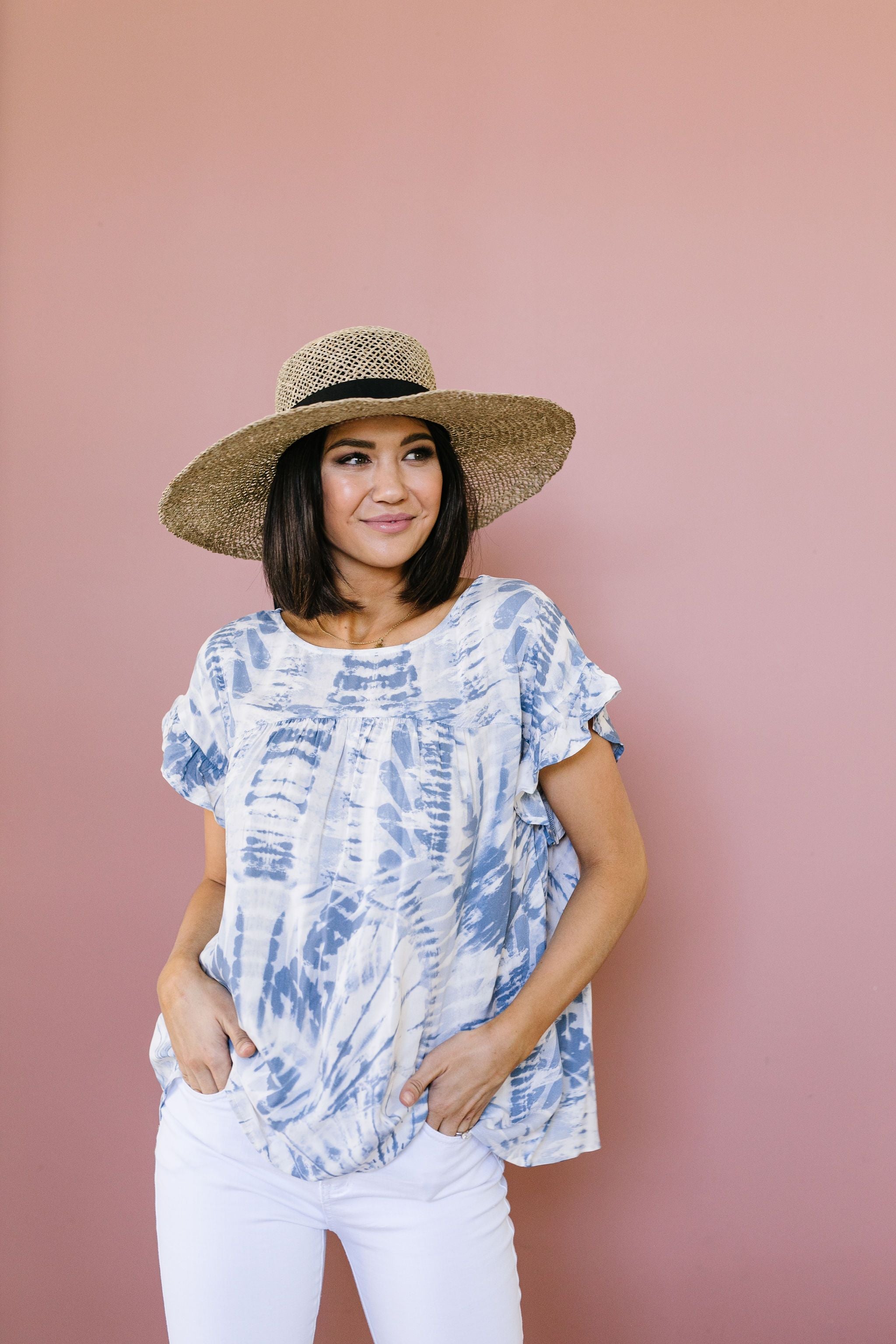 Denim Tie Dye Ruffle Sleeve Blouse