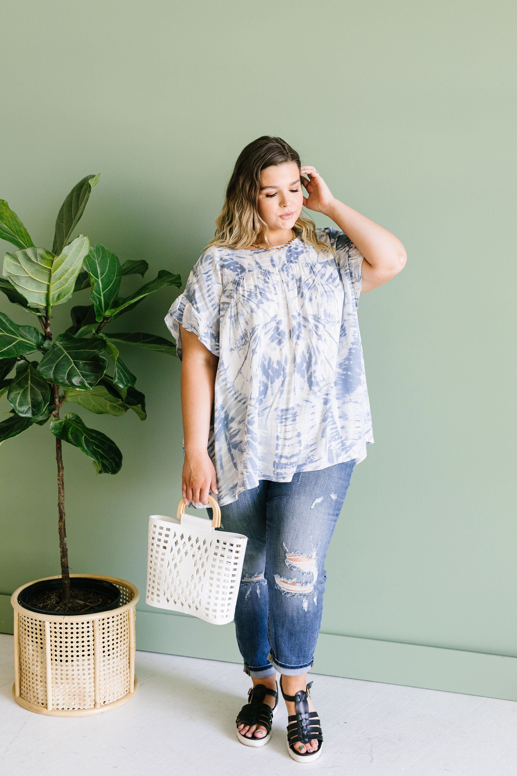 Denim Tie Dye Ruffle Sleeve Blouse