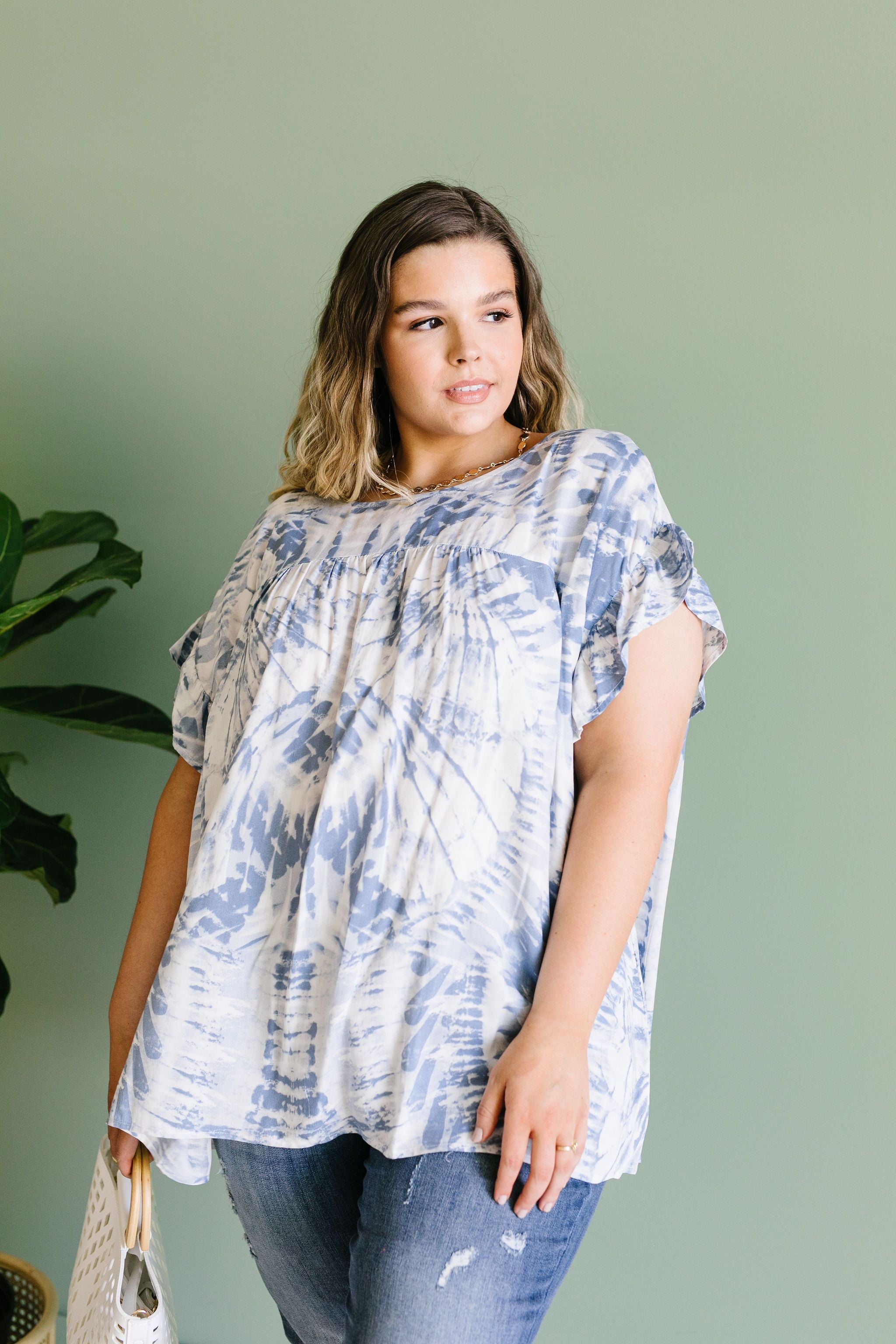 Denim Tie Dye Ruffle Sleeve Blouse