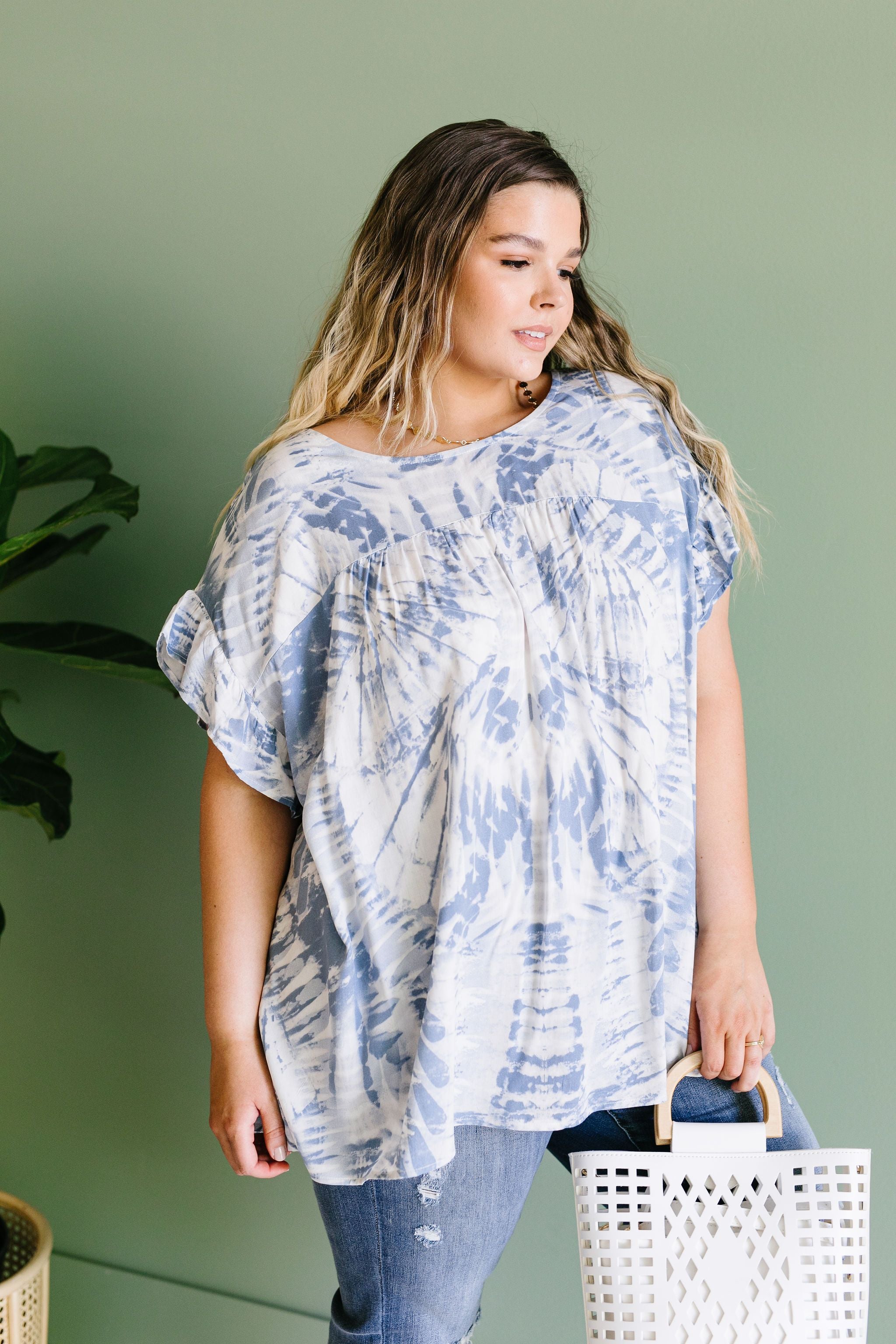 Denim Tie Dye Ruffle Sleeve Blouse