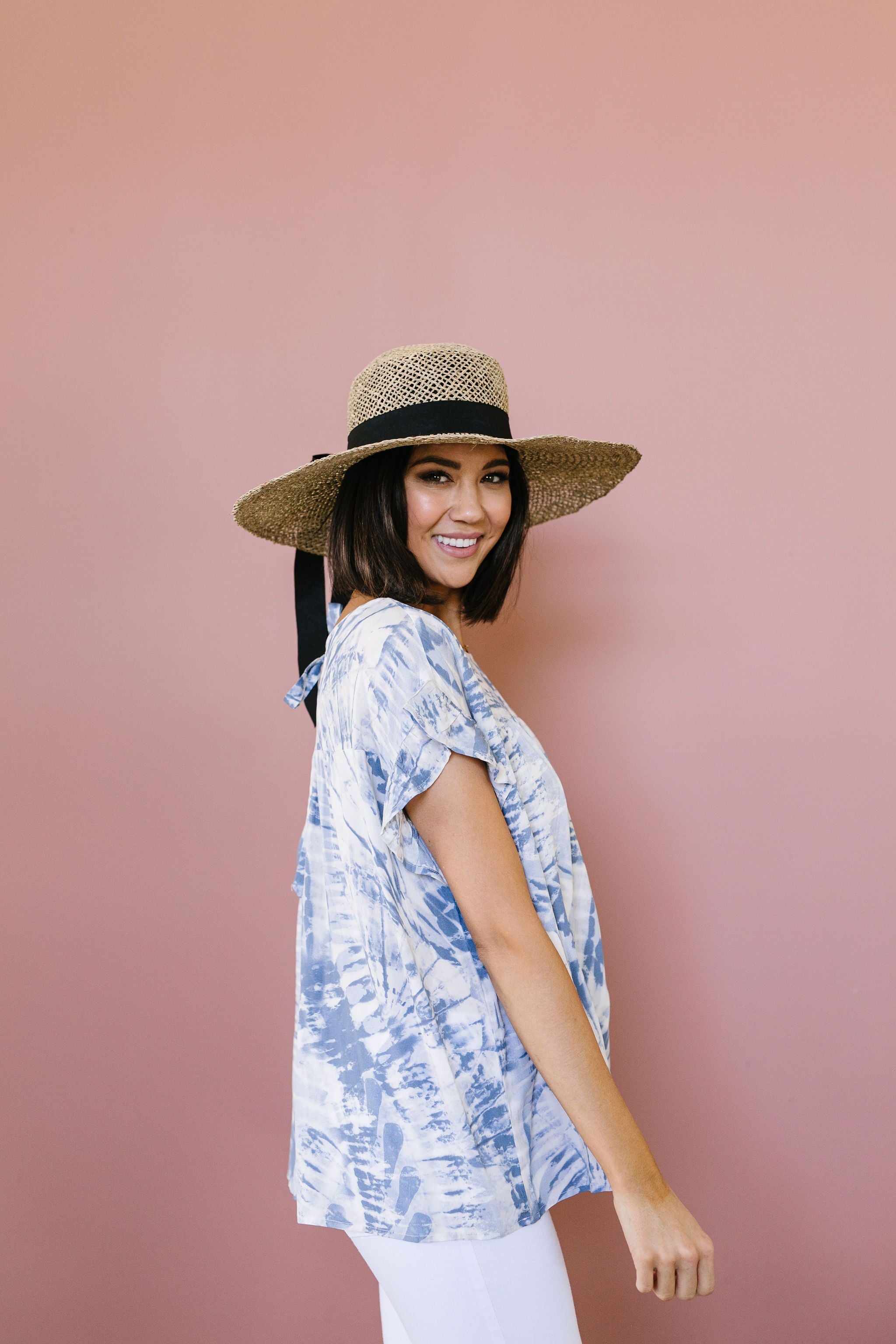 Denim Tie Dye Ruffle Sleeve Blouse