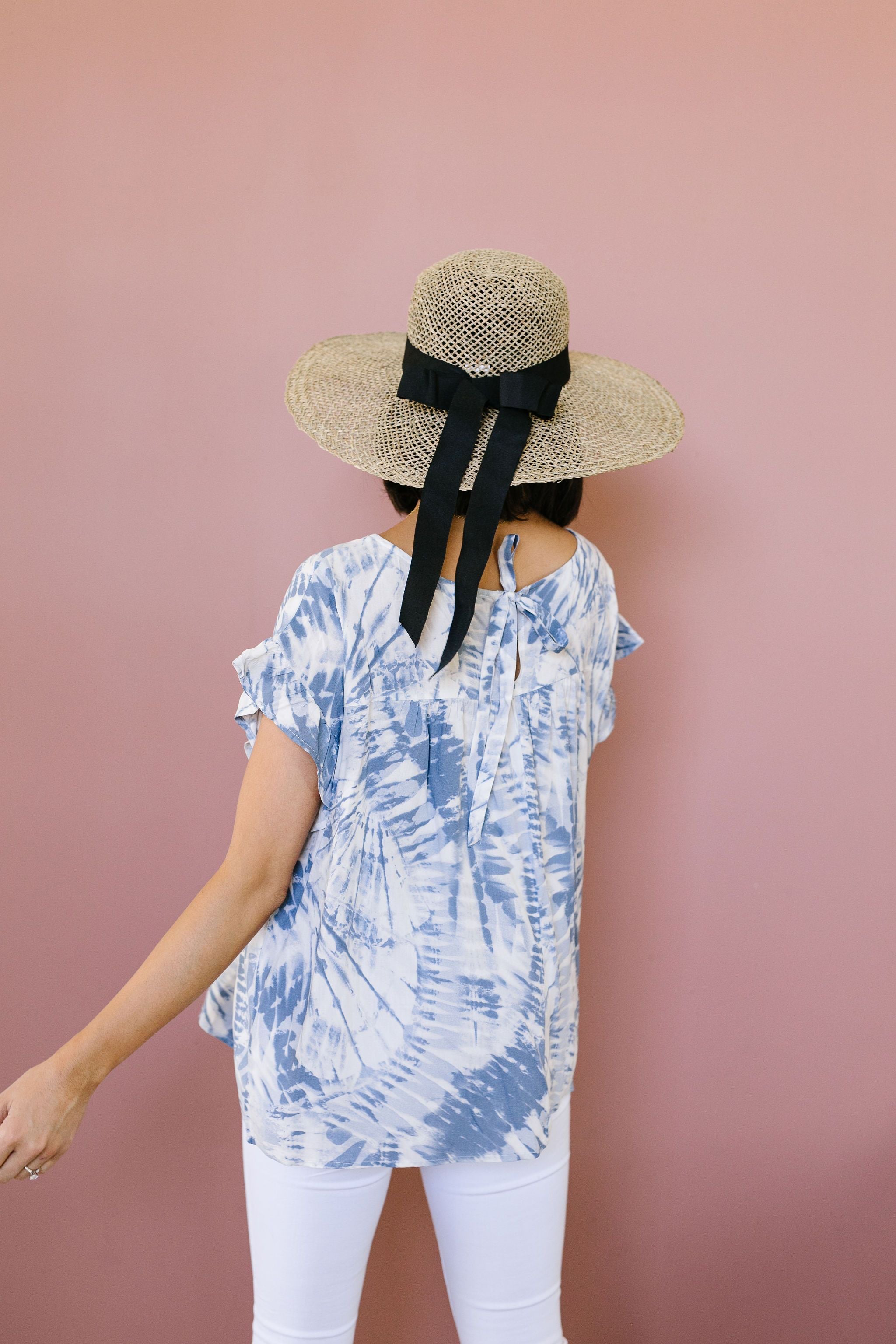 Denim Tie Dye Ruffle Sleeve Blouse