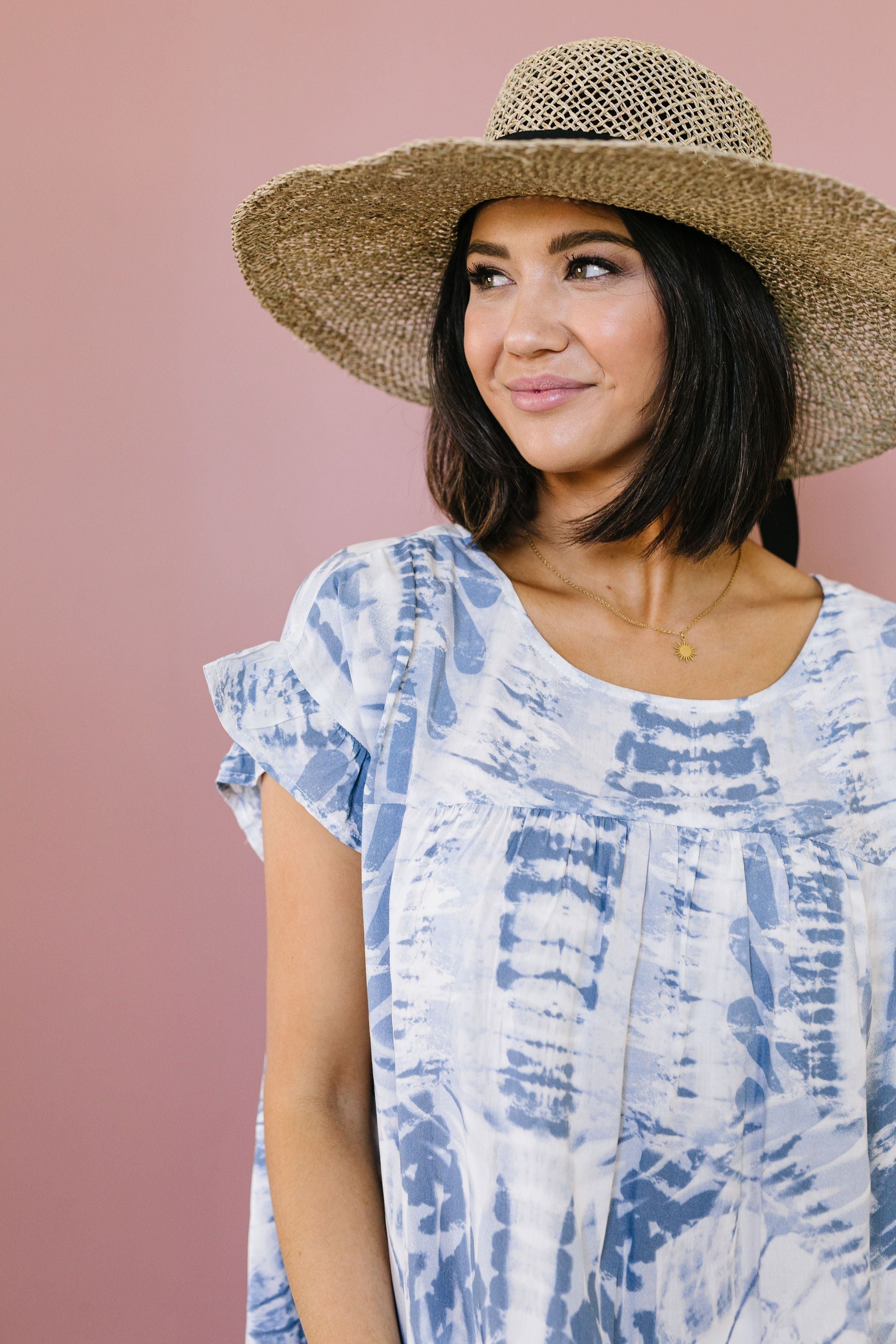 Denim Tie Dye Ruffle Sleeve Blouse