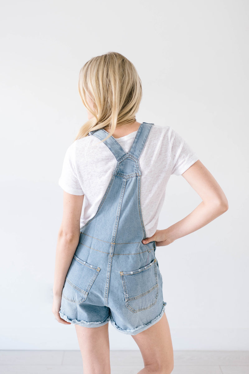 Distressed Denim Overall Shorts