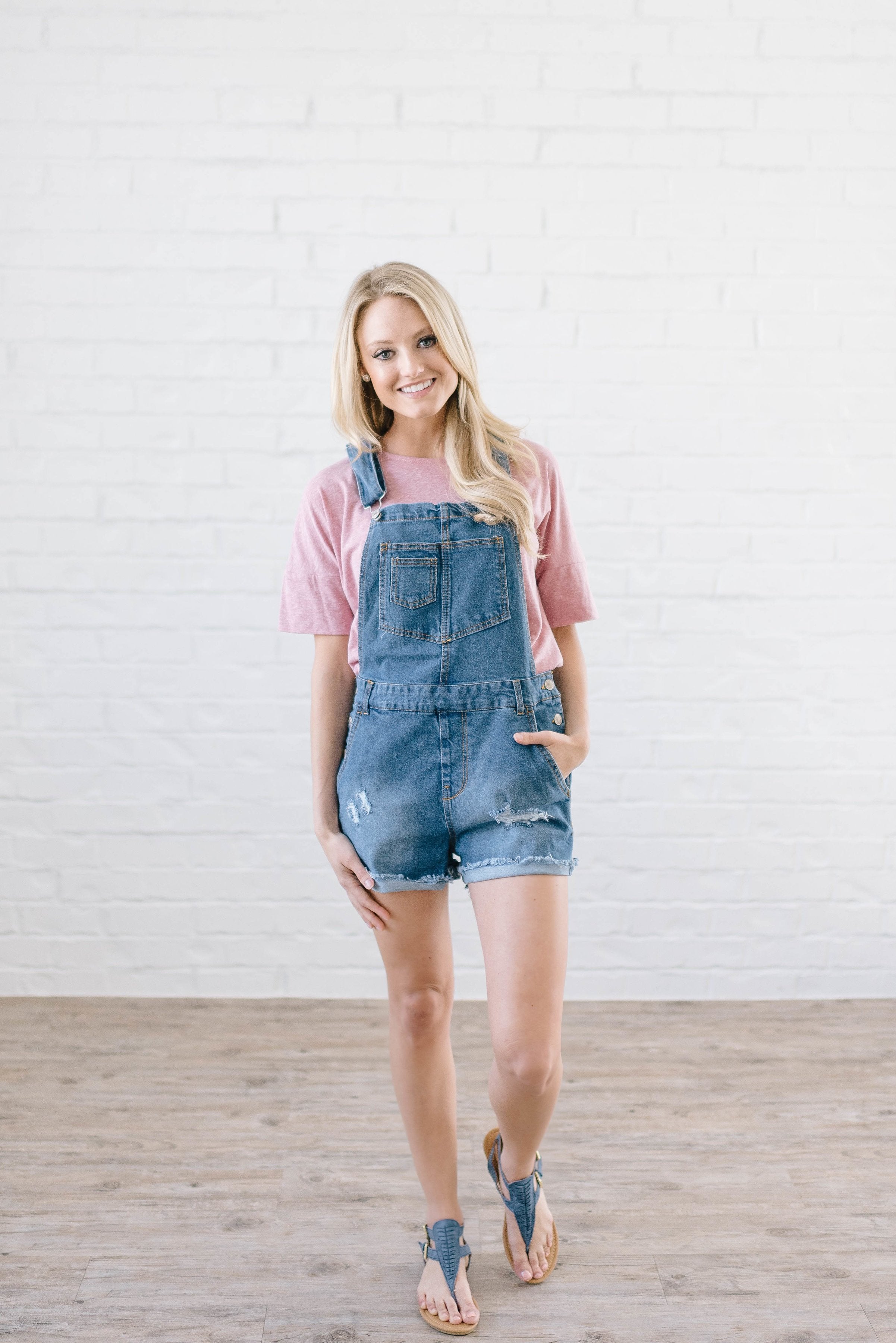Distressed Denim Overall Shorts Dark Wash