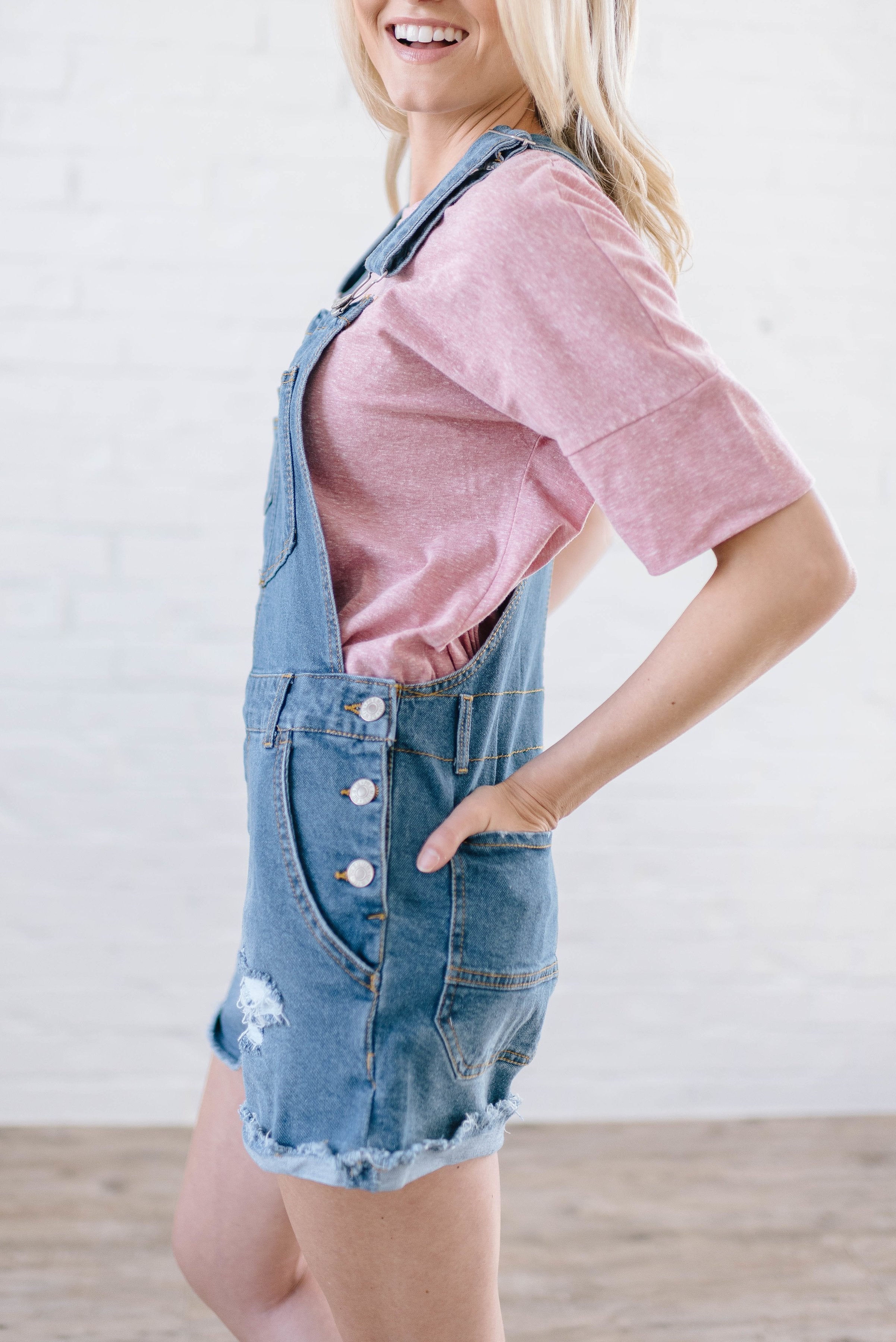 Distressed Denim Overall Shorts Dark Wash