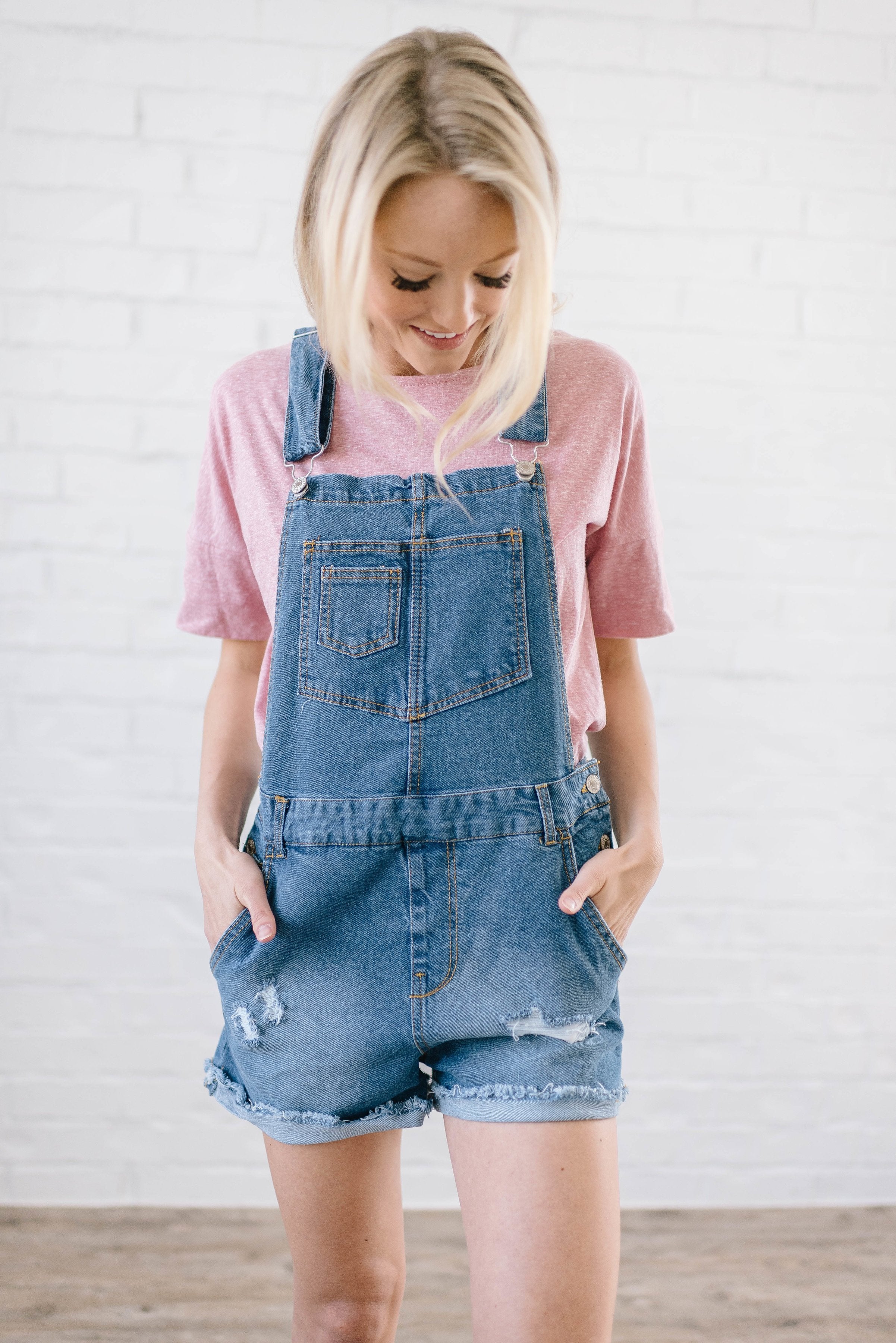 Distressed Denim Overall Shorts Dark Wash