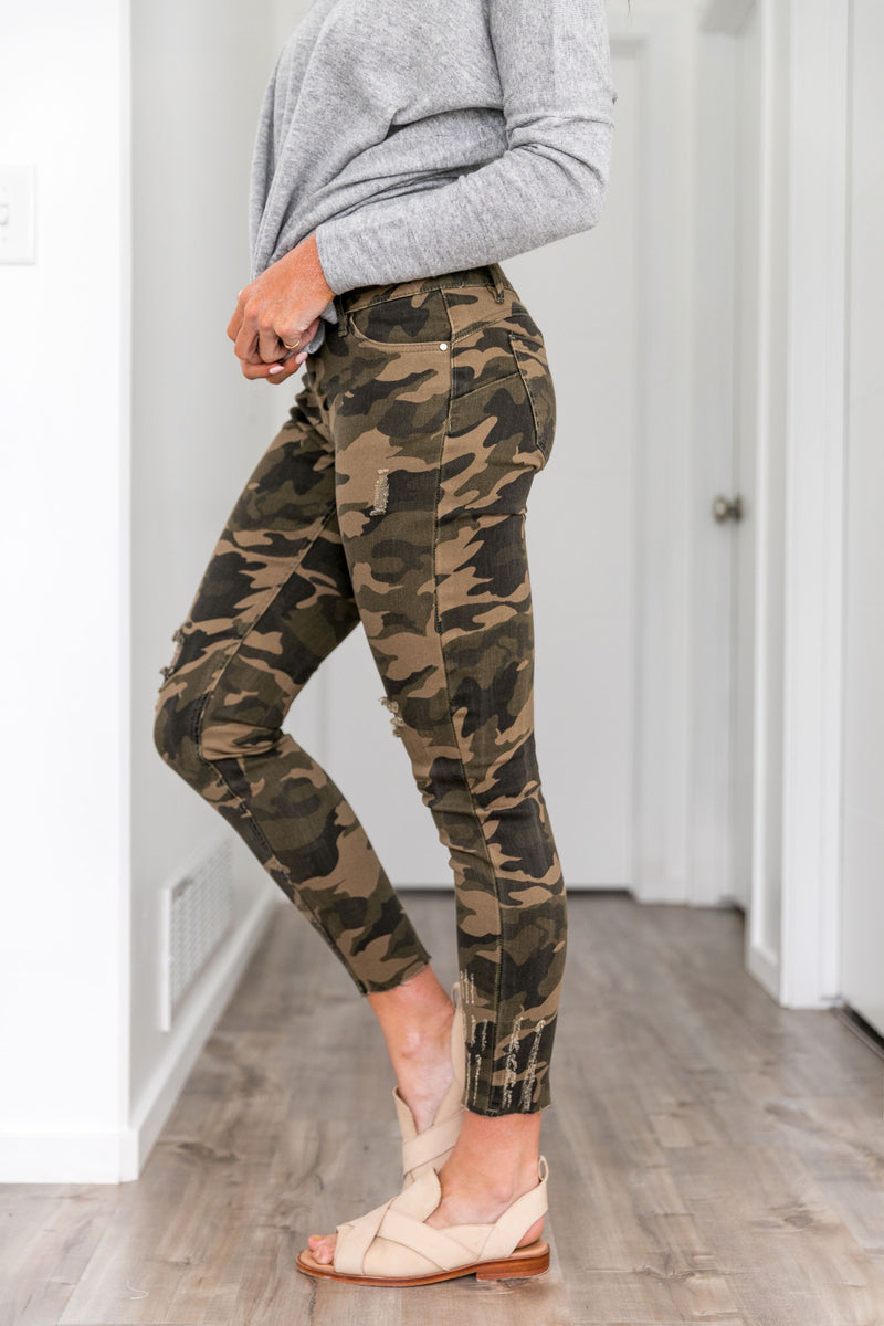 Distressed Mid Rise Camo Jeans - ALL SALES FINAL