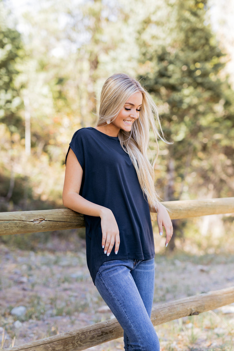 Don't Worry Be Happy Tee In Navy - ALL SALES FINAL