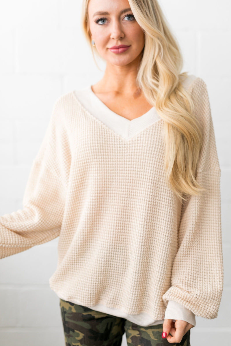 Double V Waffle Knit Top In Natural