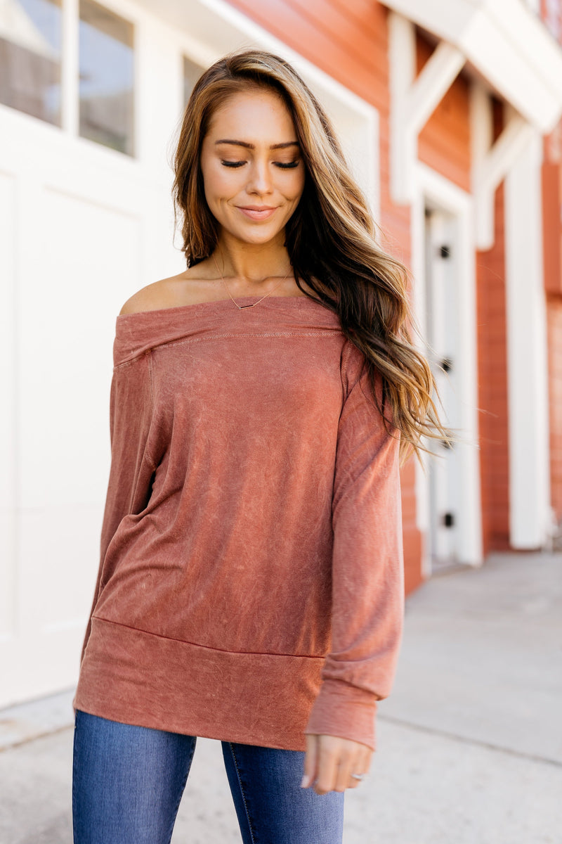 Down & Dirty Off The Shoulder Top In Rust - ALL SALES FINAL