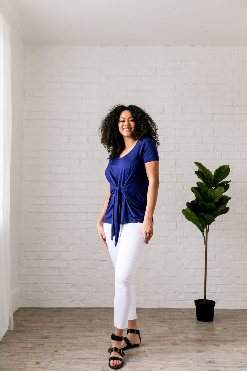 Draped Tie Front Top In Blue - ALL SALES FINAL