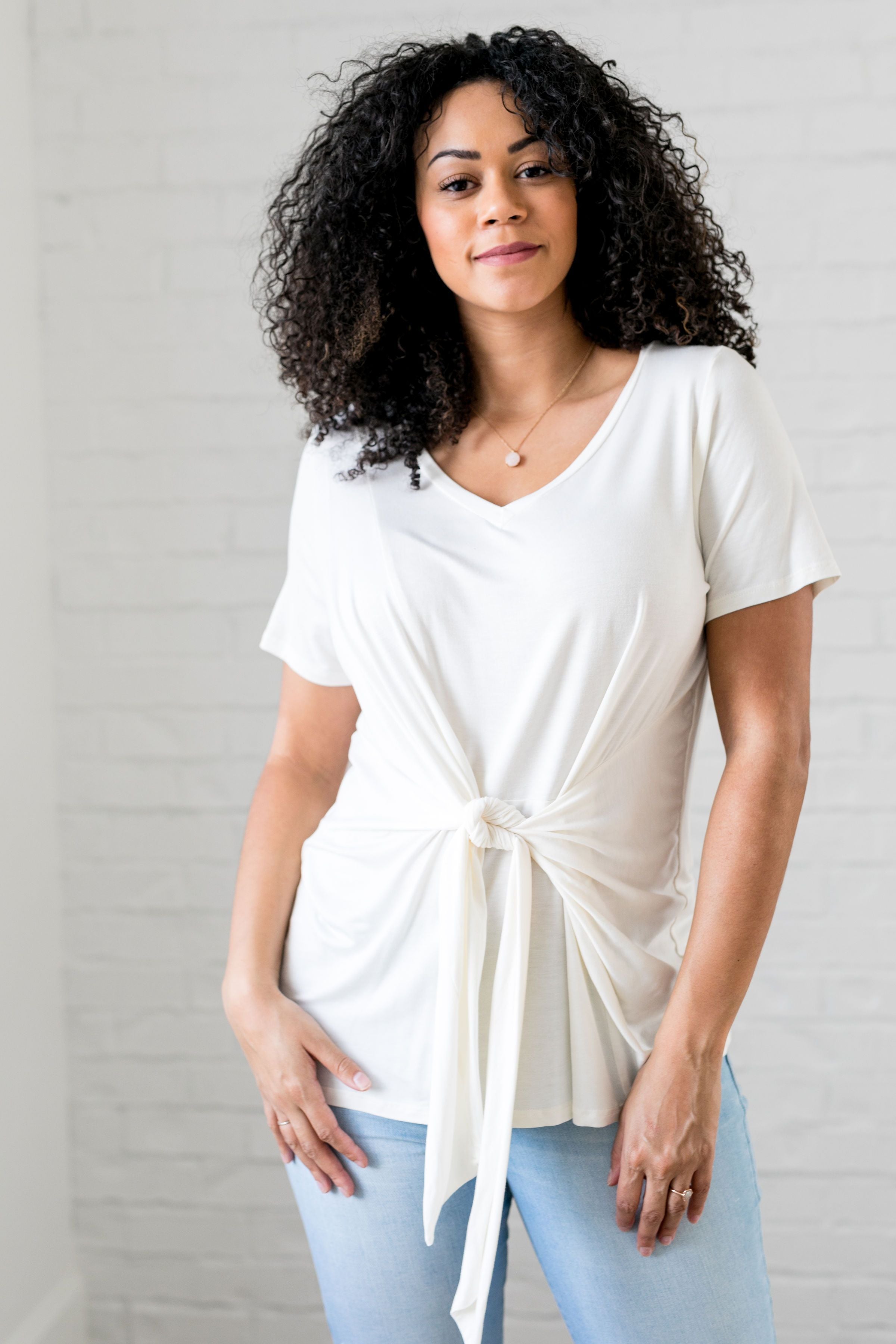 Draped Tie Front Top In Ivory - ALL SALES FINAL