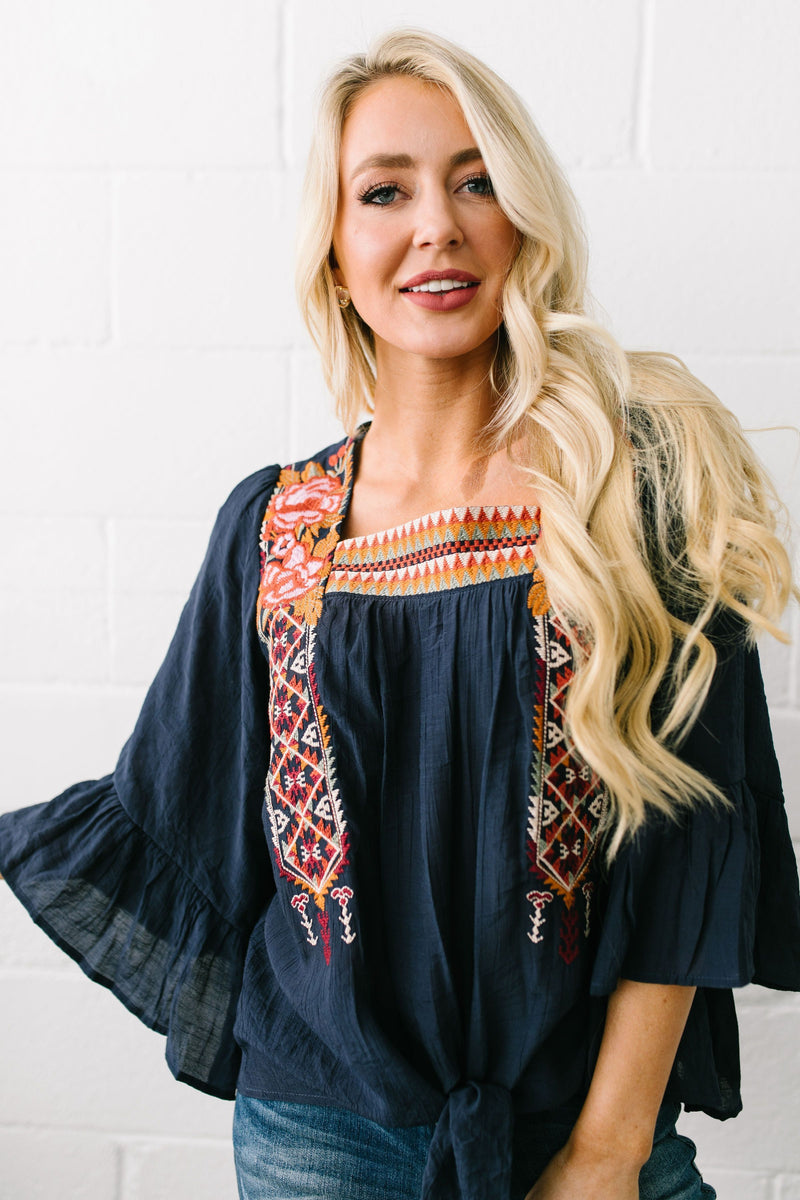 Emma Embroidered Tie-Front Blouse - ALL SALES FINAL