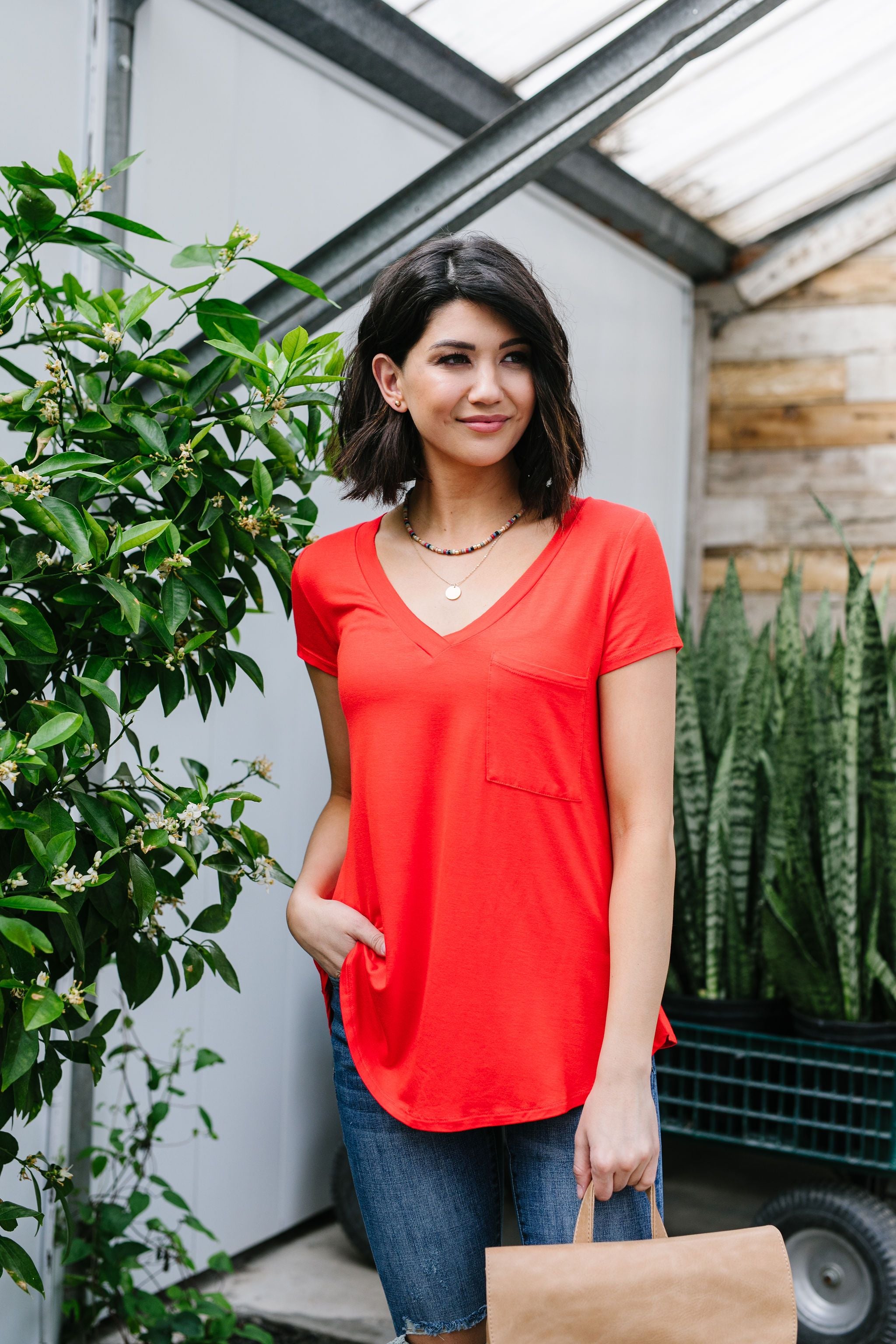 Everyday Yay V-Neck Tee In Red Orange
