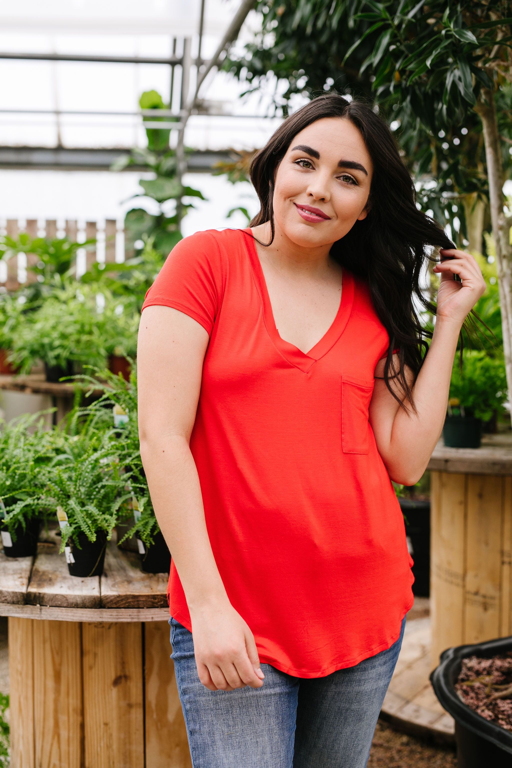 Everyday Yay V-Neck Tee In Red Orange