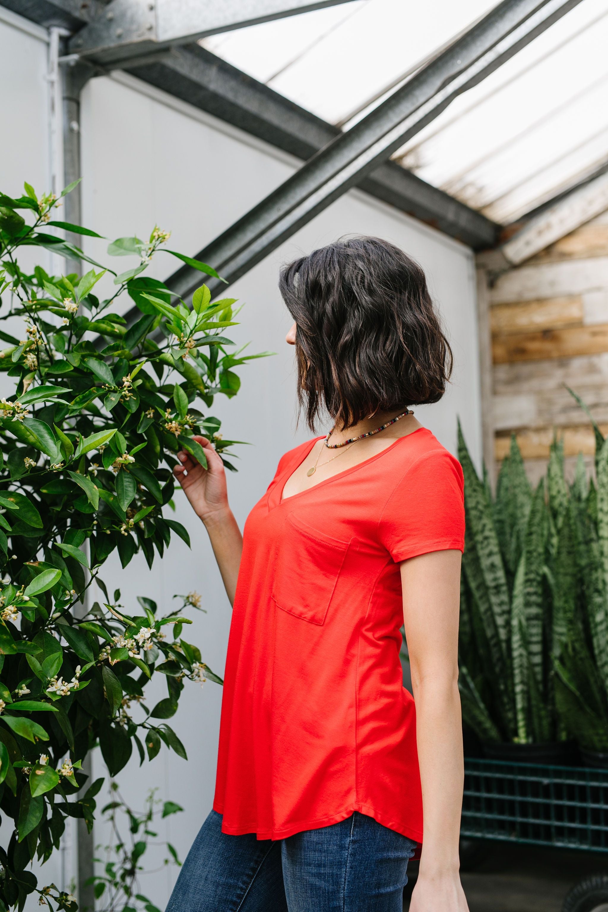 Everyday Yay V-Neck Tee In Red Orange