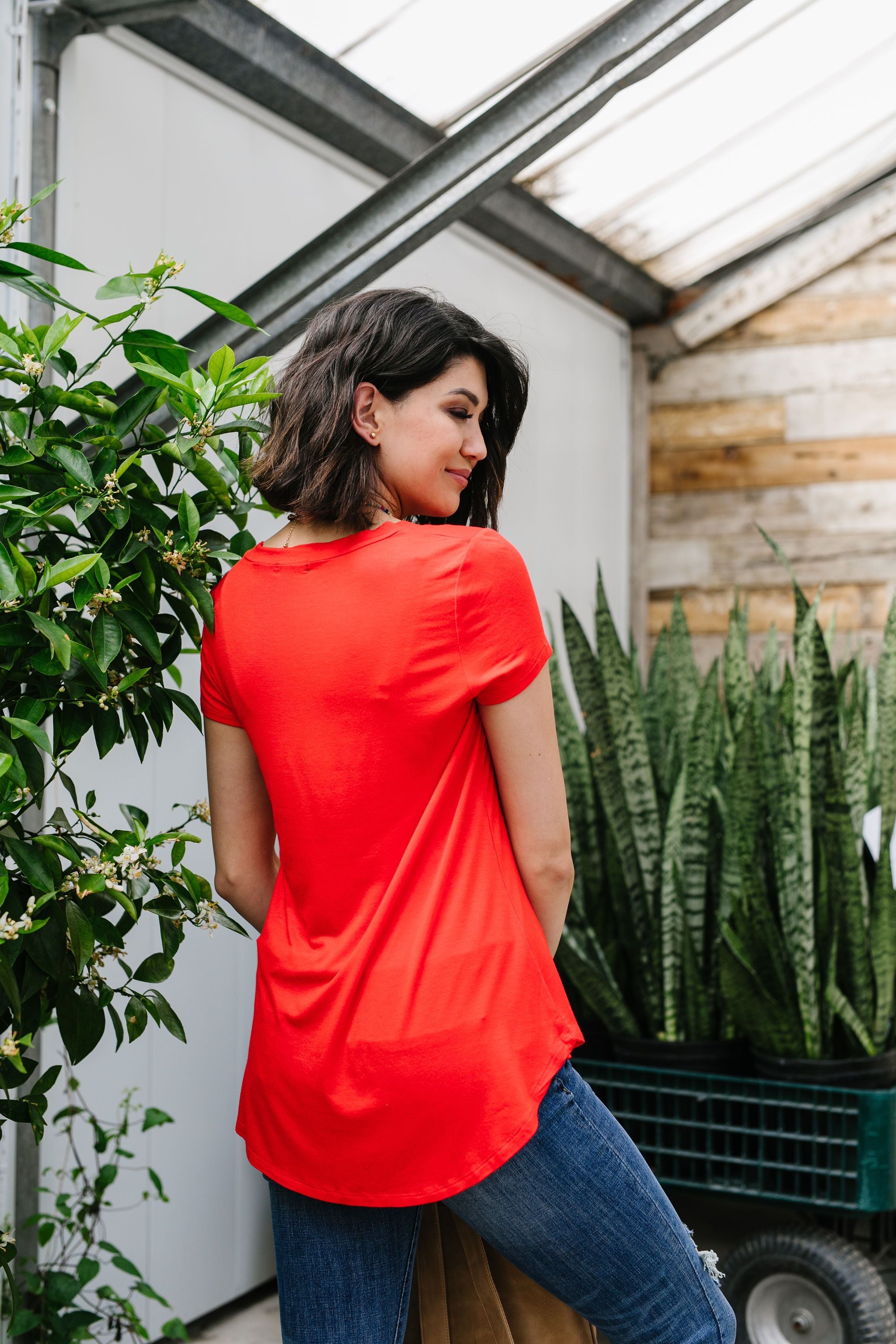 Everyday Yay V-Neck Tee In Red Orange