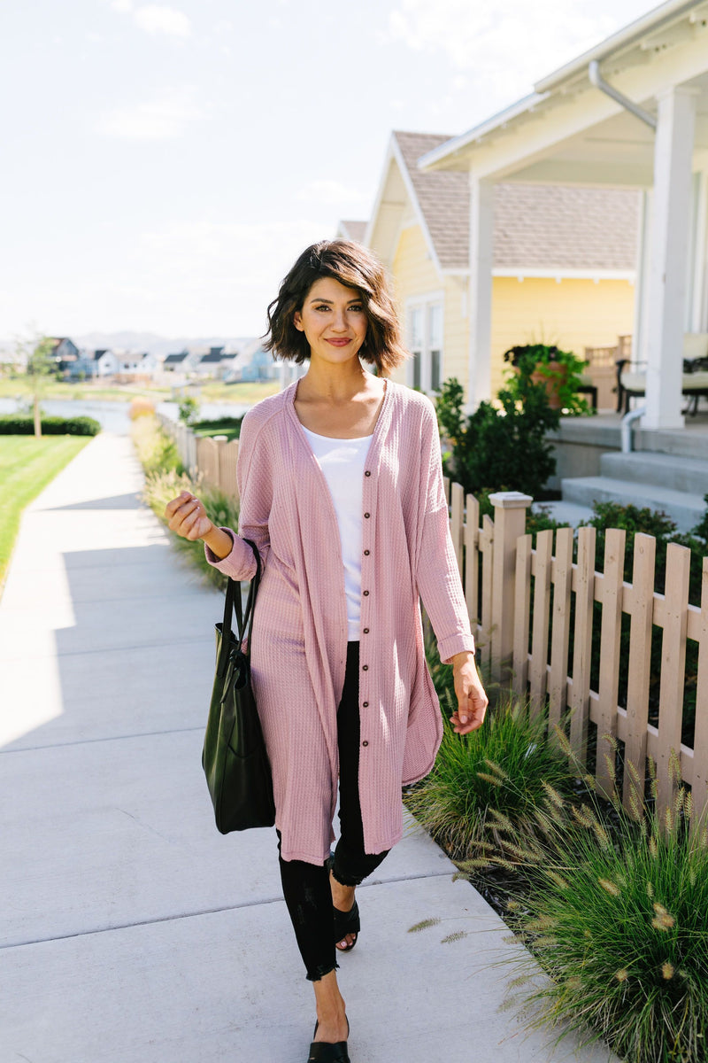Extreme Lengths Button Down Cardi In Rose