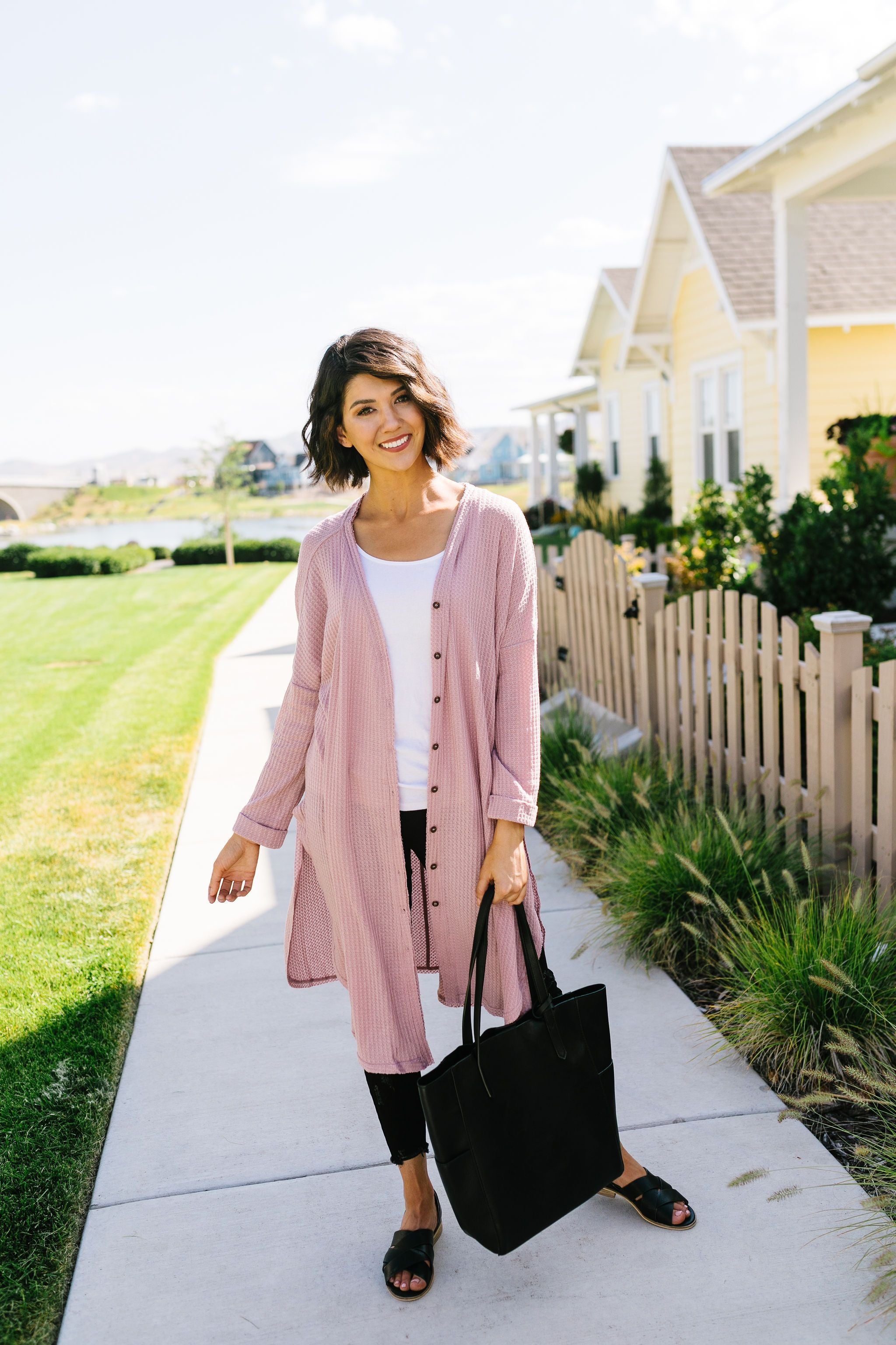 Extreme Lengths Button Down Cardi In Rose