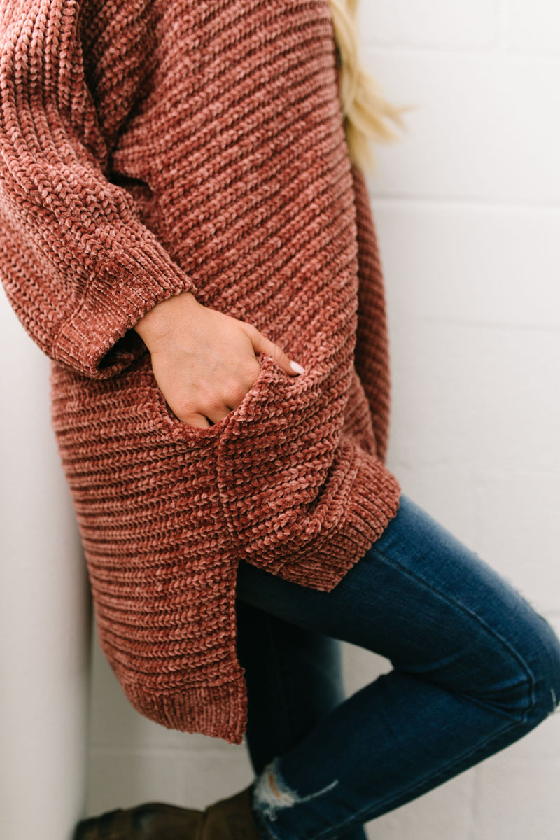 Faded Memories Chenille Cardigan In Rust