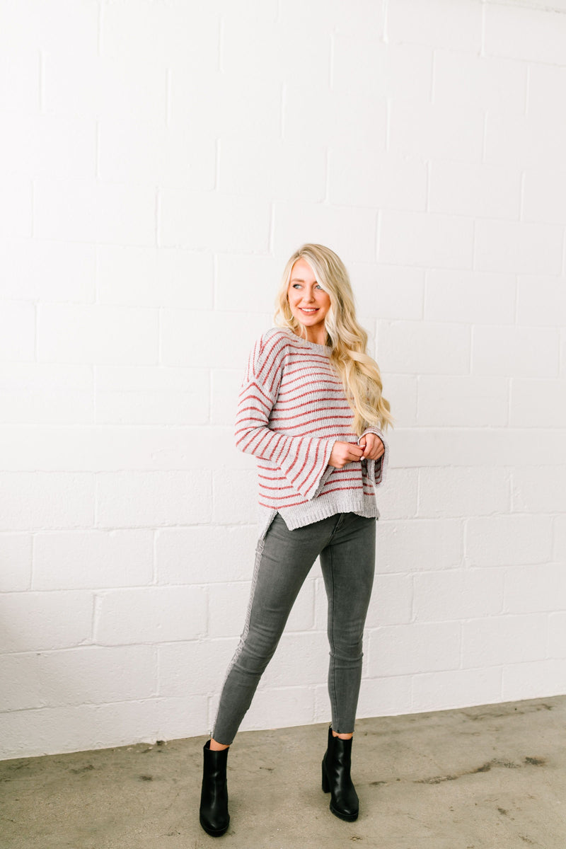 Faded Not Forgotten Striped Sweater In Silver - ALL SALES FINAL