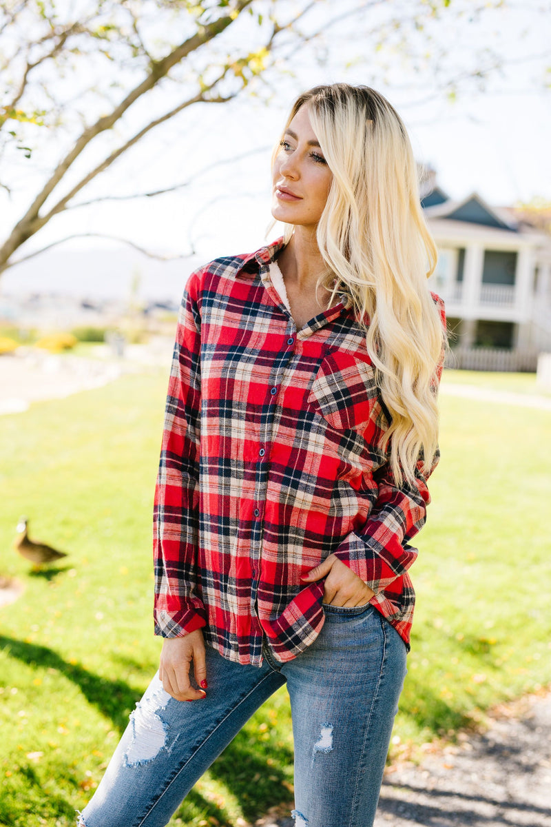 Fleece-Lined Flannel Button-Down In Red