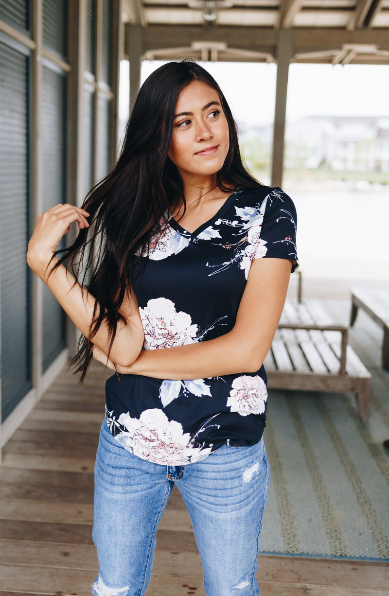 Floral Print V-Neck In Black