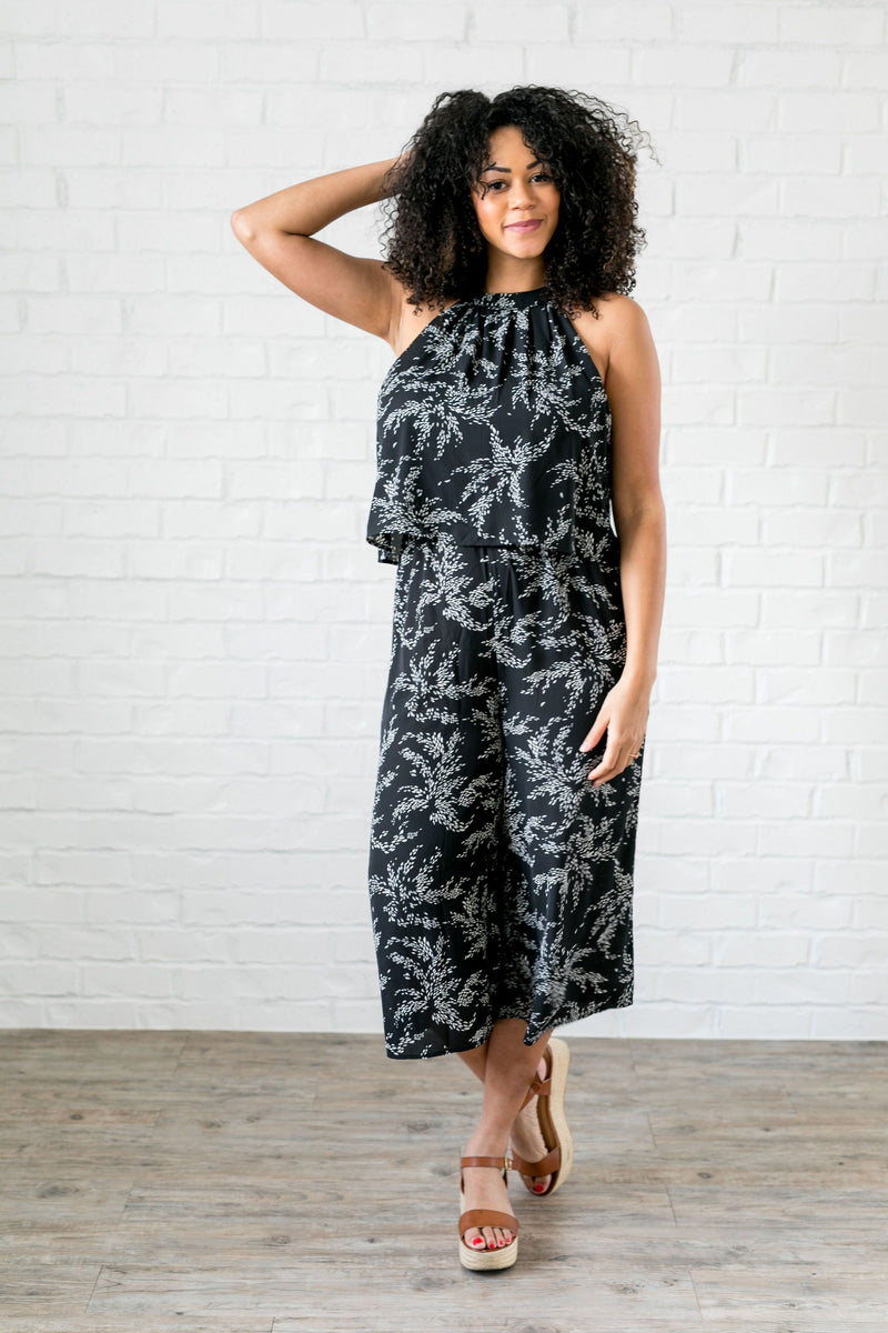 Floral Spray Black + White Jumpsuit - ALL SALES FINAL