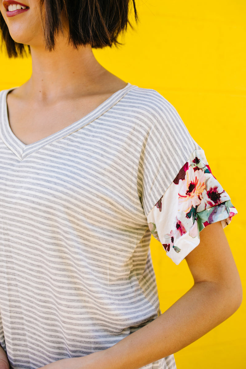 Flowers On The Sleeves Striped V-Neck