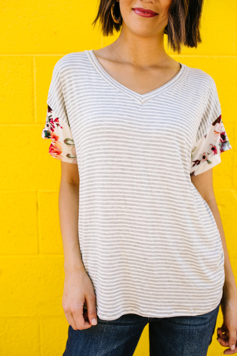 Flowers On The Sleeves Striped V-Neck