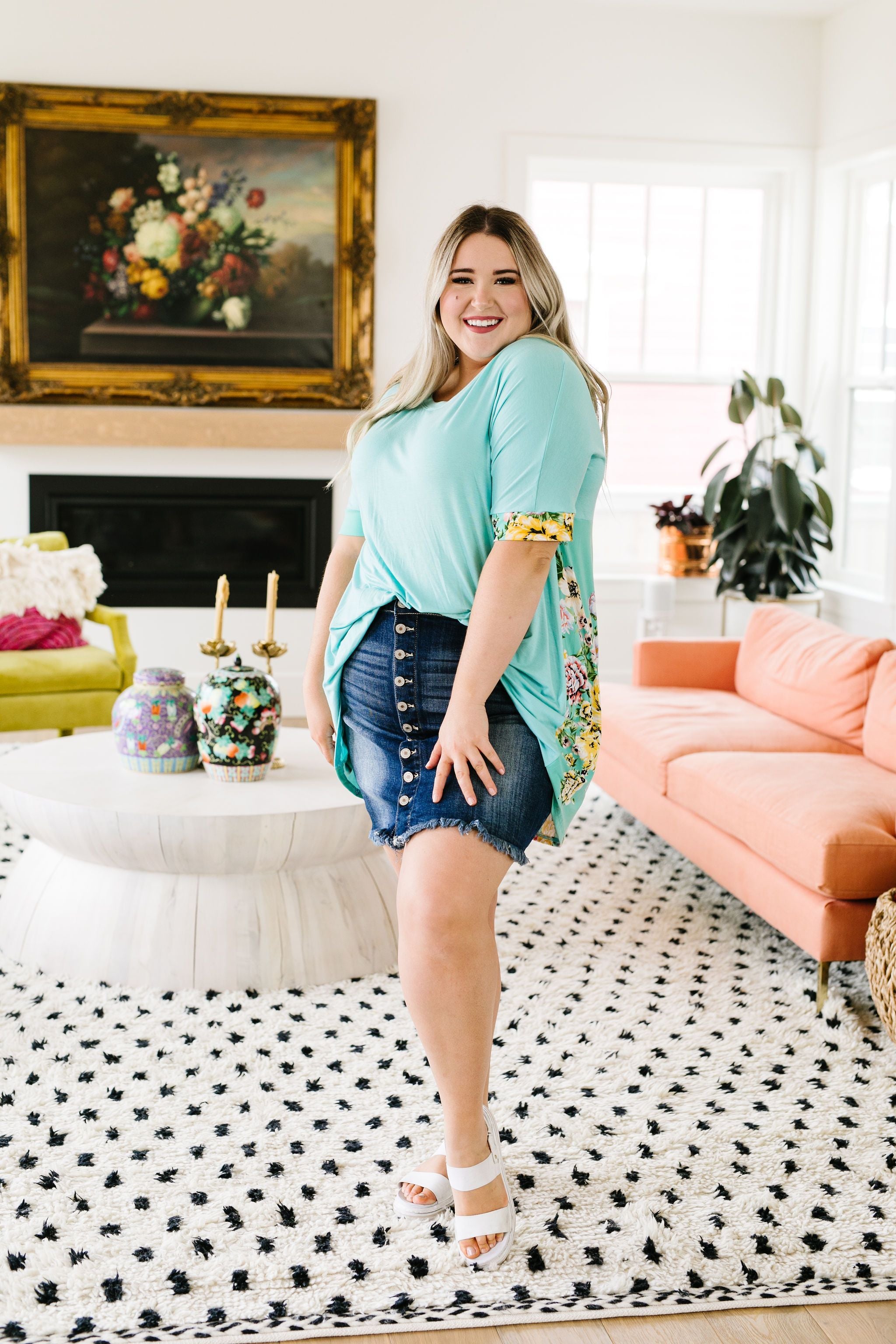 Frayed Hem Button Down Denim Skirt
