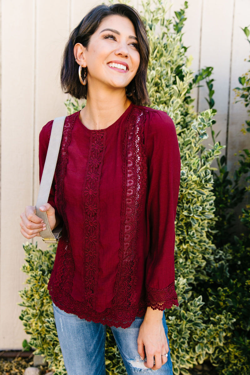 Graced With Lace Blouse In Burgundy