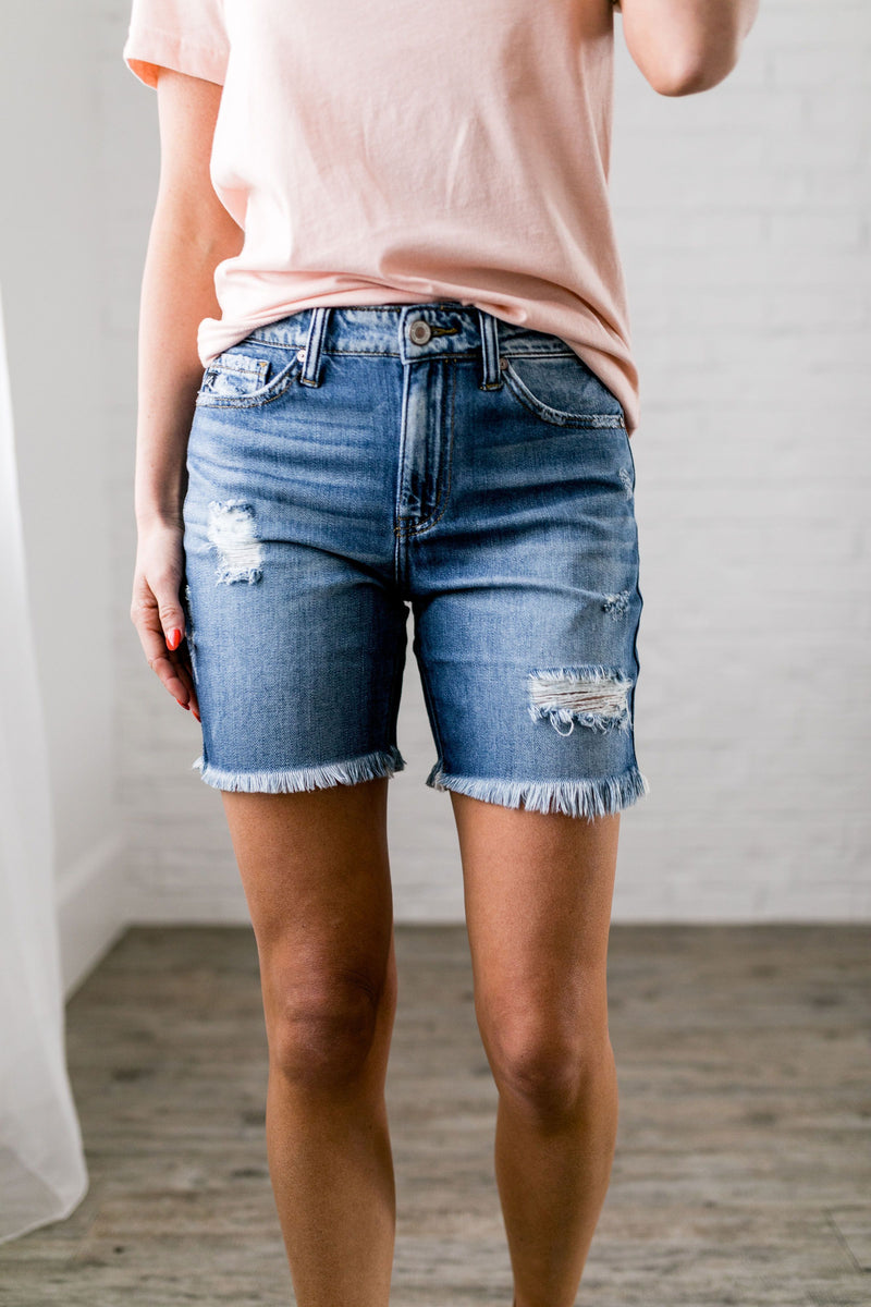 Halfway There Distressed Denim Shorts