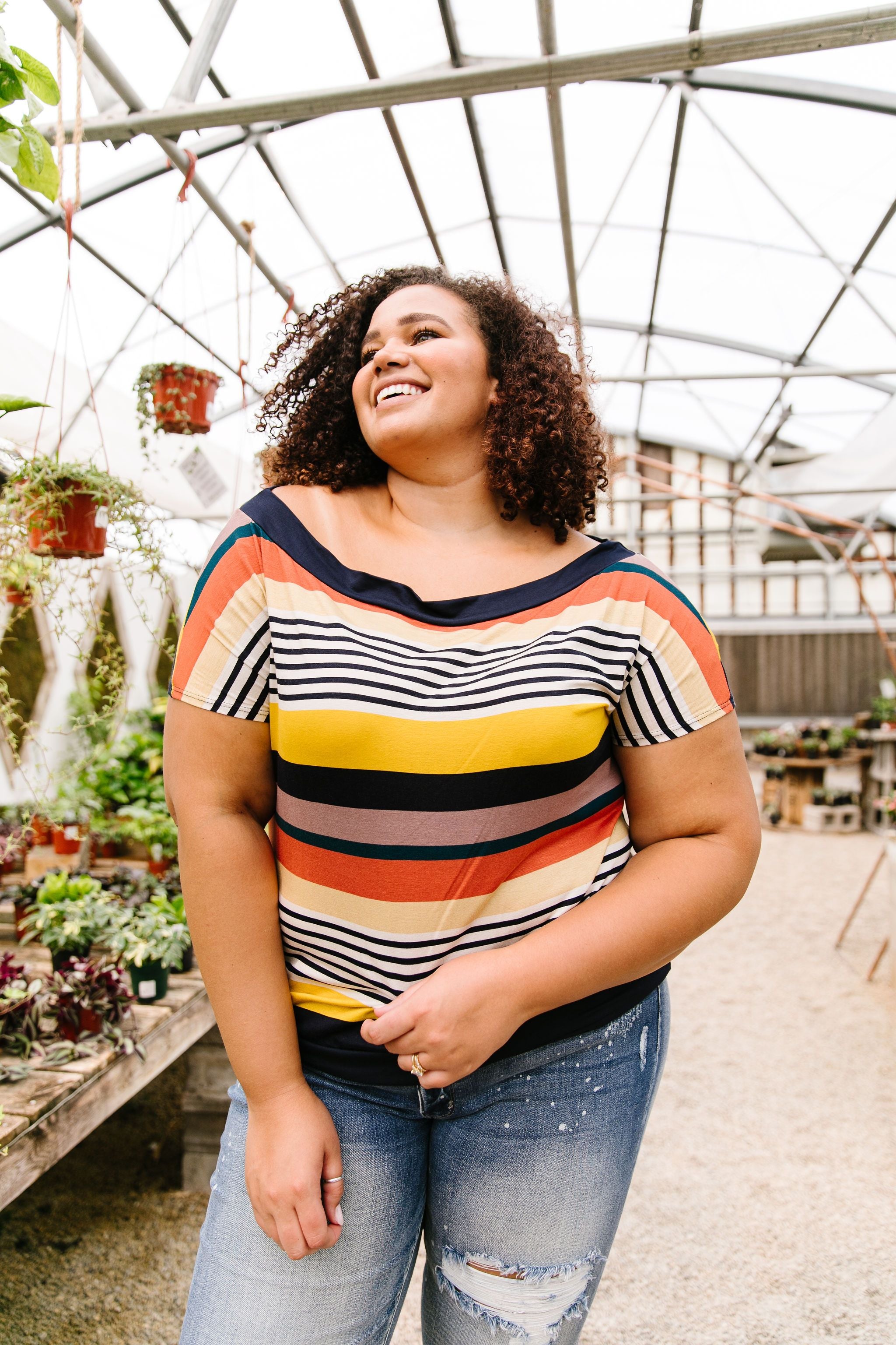 Happy Stripes Boatneck Top In Coral